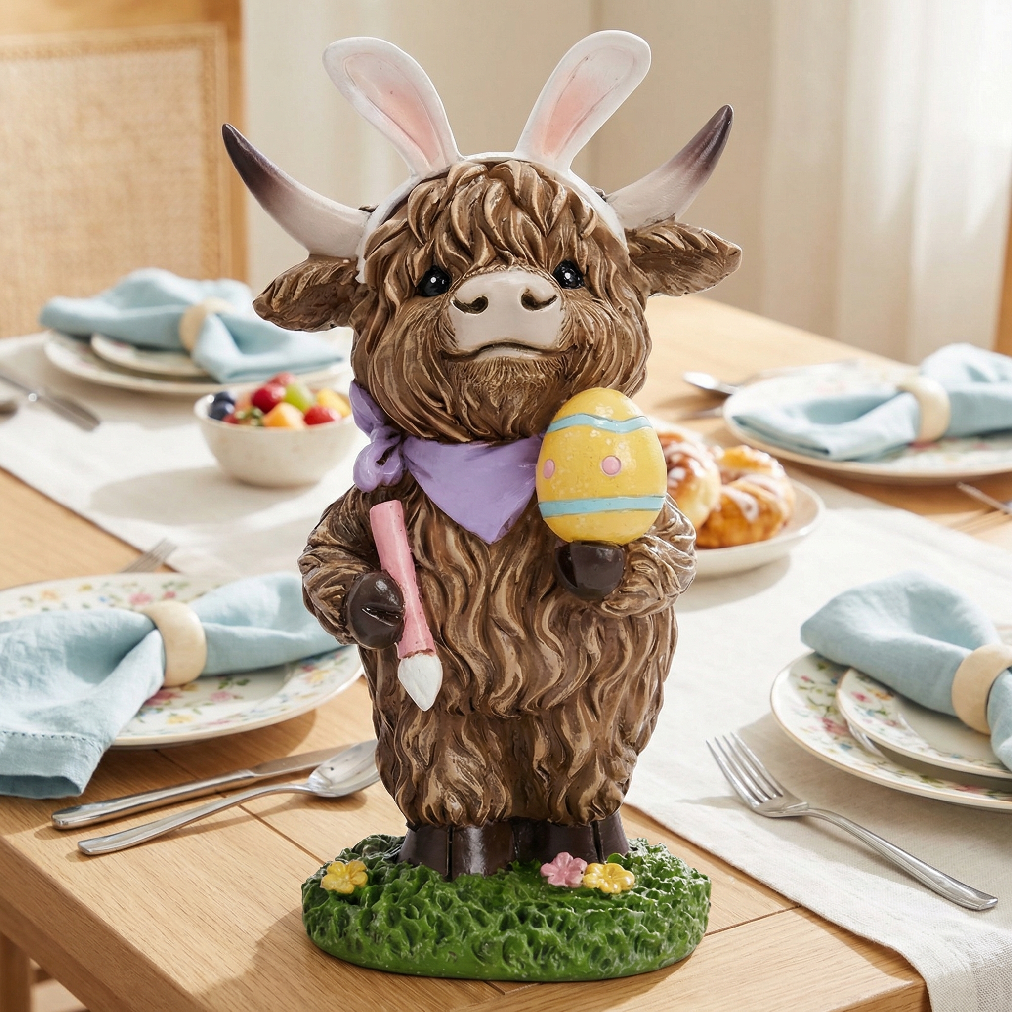 Easter Highland Cow Set with Bunny Ears on Base