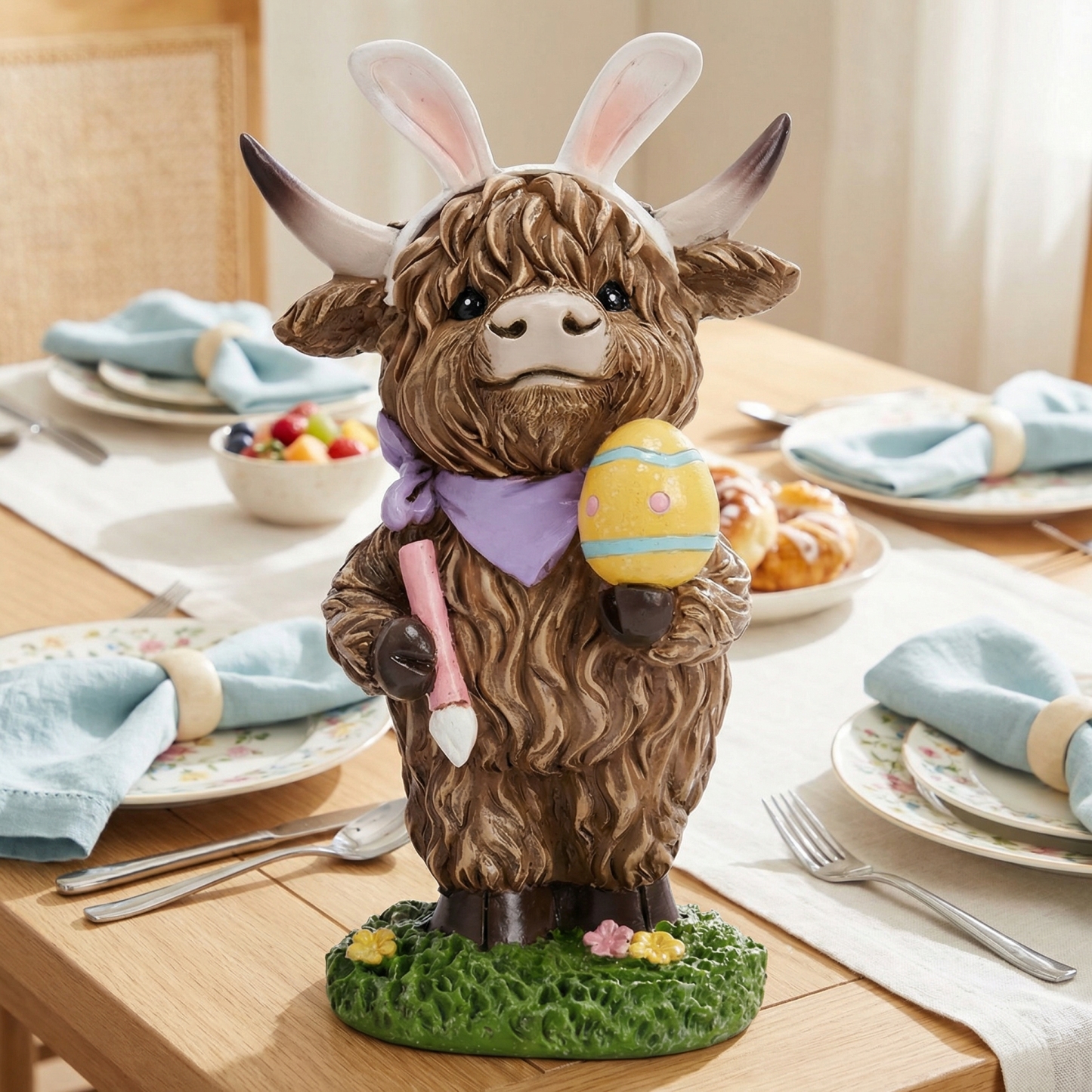 Easter Highland Cow Set with Bunny Ears on Base