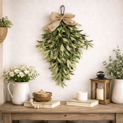 Artificial Olive Swag with Greenery Leaves and Burlap Bow