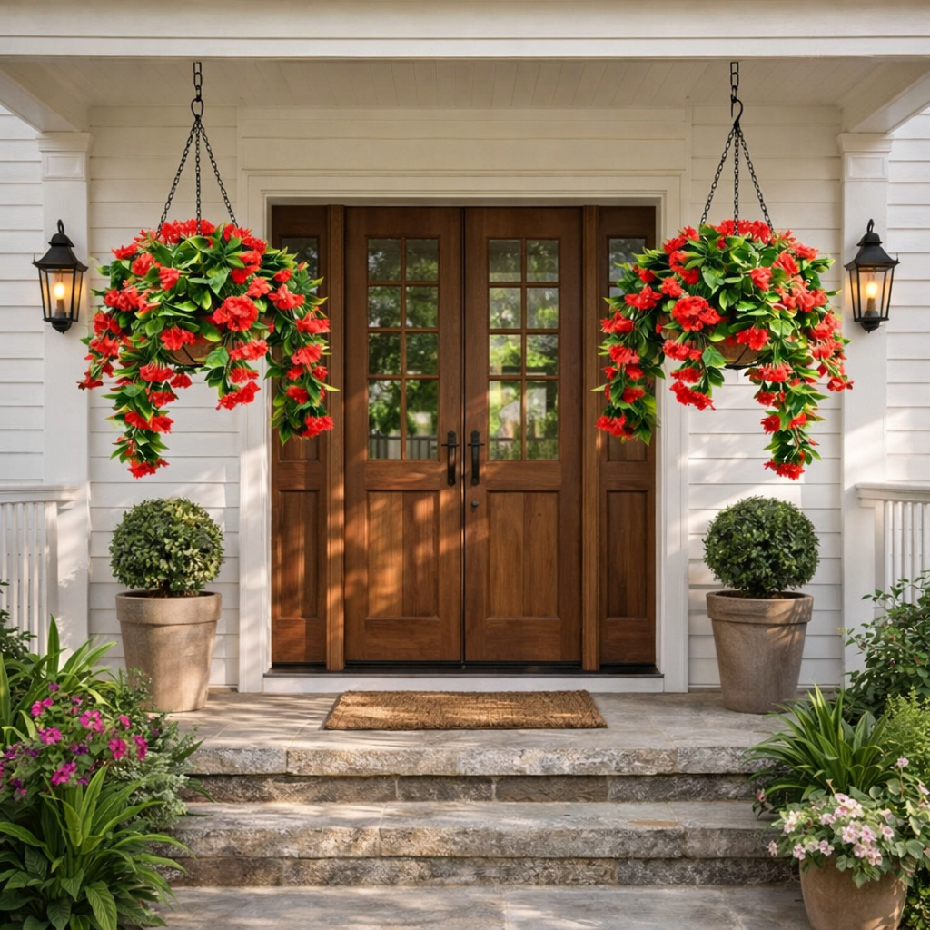 Set of 2 Faux Crepe Myrtle Hanging Baskets – UV Resistant Artificial Flower Planters with Coconut Liner & Metal Chain