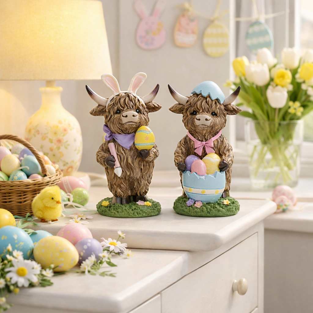 Easter Highland Cow Set with Bunny Ears on Base