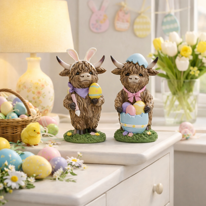 Easter Highland Cow Set with Bunny Ears on Base