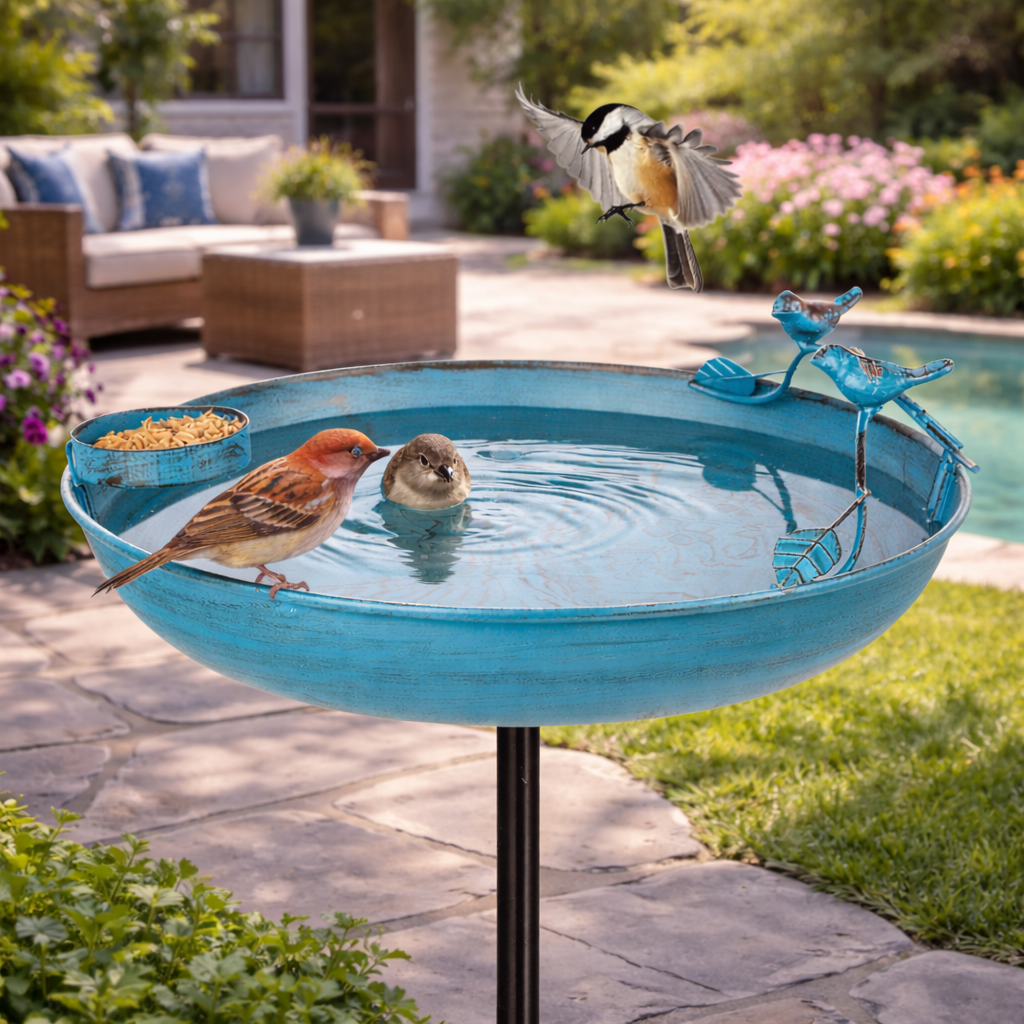 Outdoor Metal Bird Bath with Feeder – 37" Tall Garden Decor