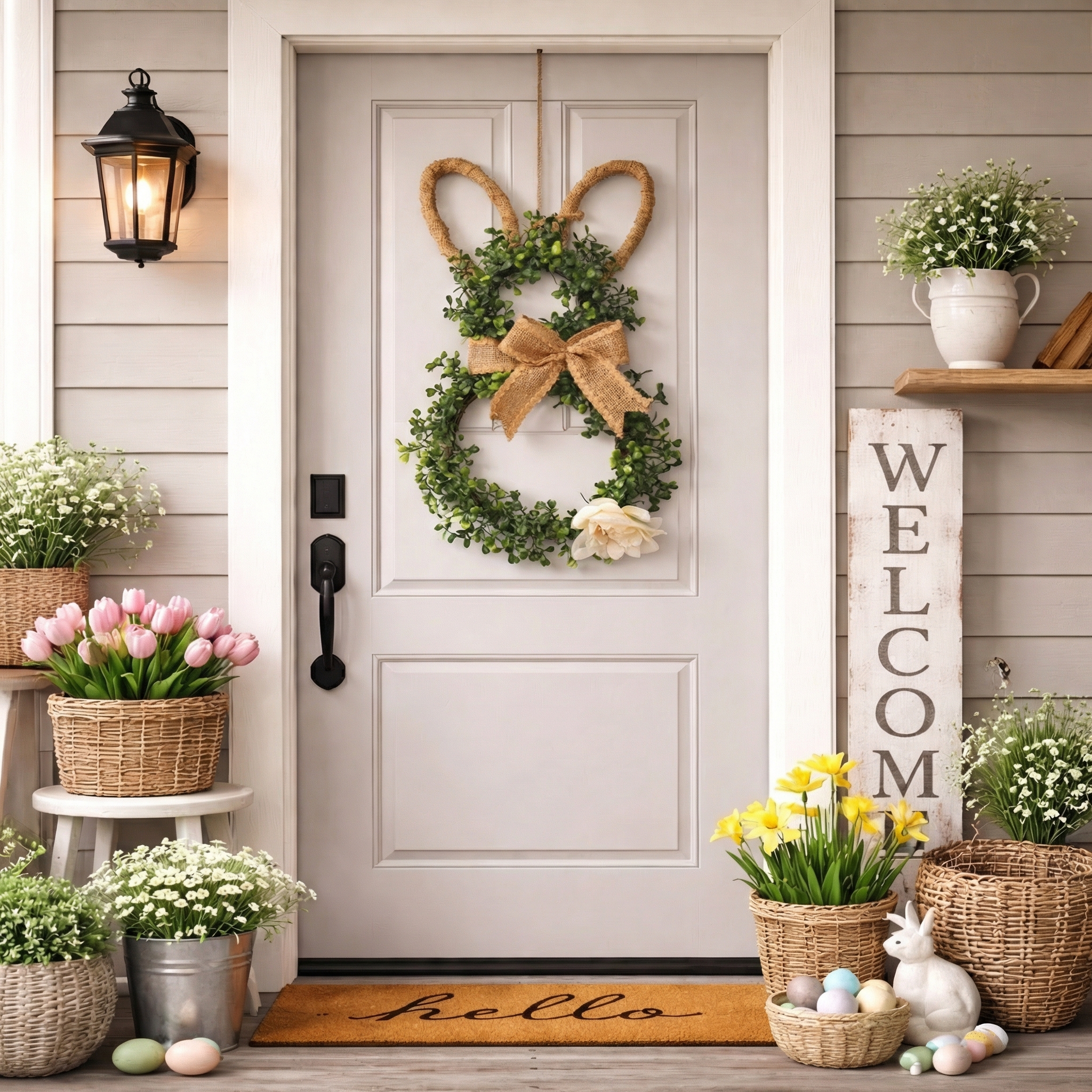 Easter Bunny-Themed Artificial Flower Wreath 