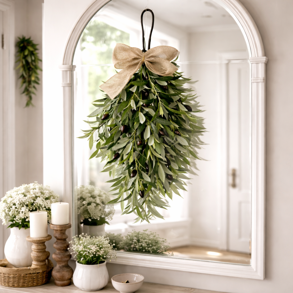 Artificial Olive Swag with Greenery Leaves and Burlap Bow