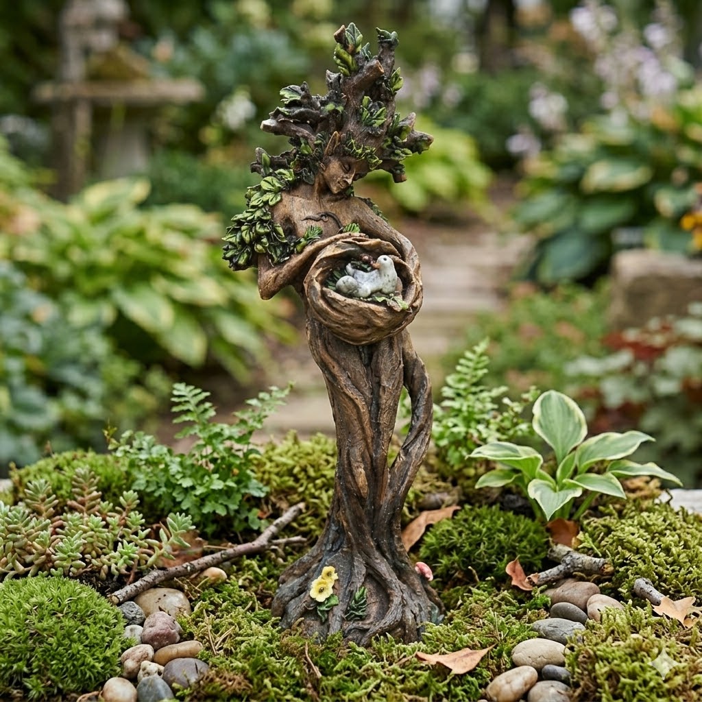Fairy Garden Tree Spirit Statue with Bird Nest