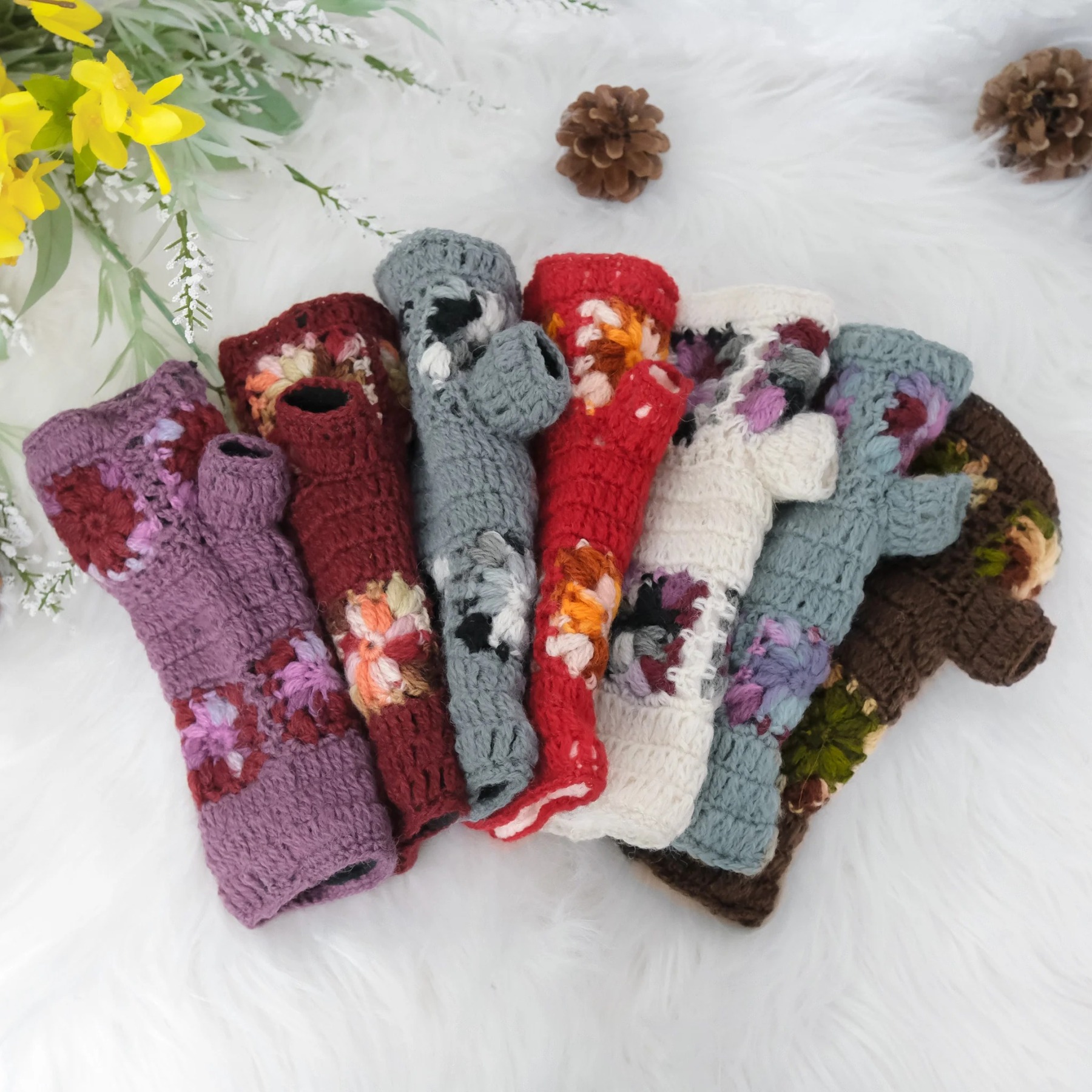 Hand Knitted Crochet Flower Design Hand Warmer