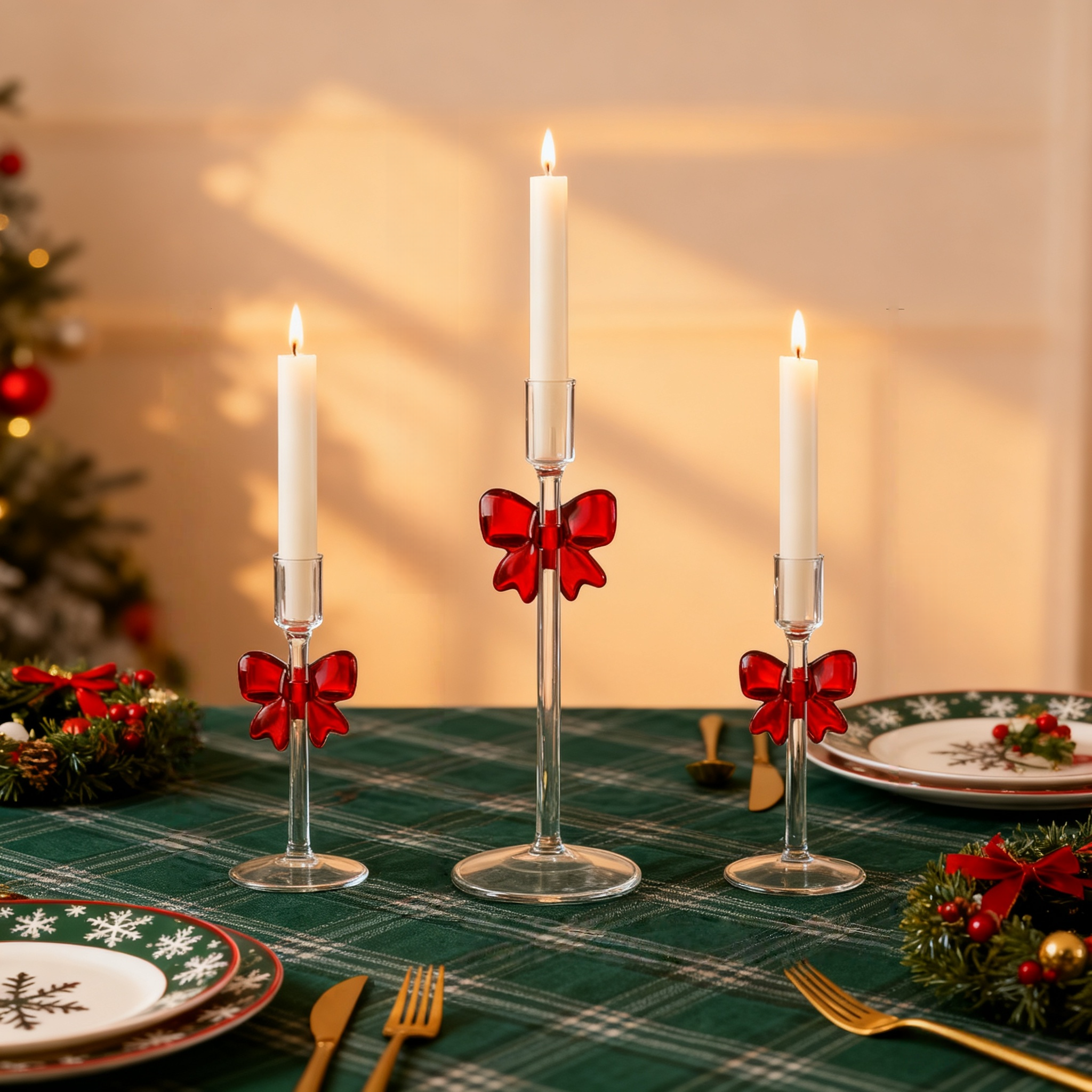🎄Early Christmas Sale🔥Clear Glass Christmas Taper Candle Holder with Bow