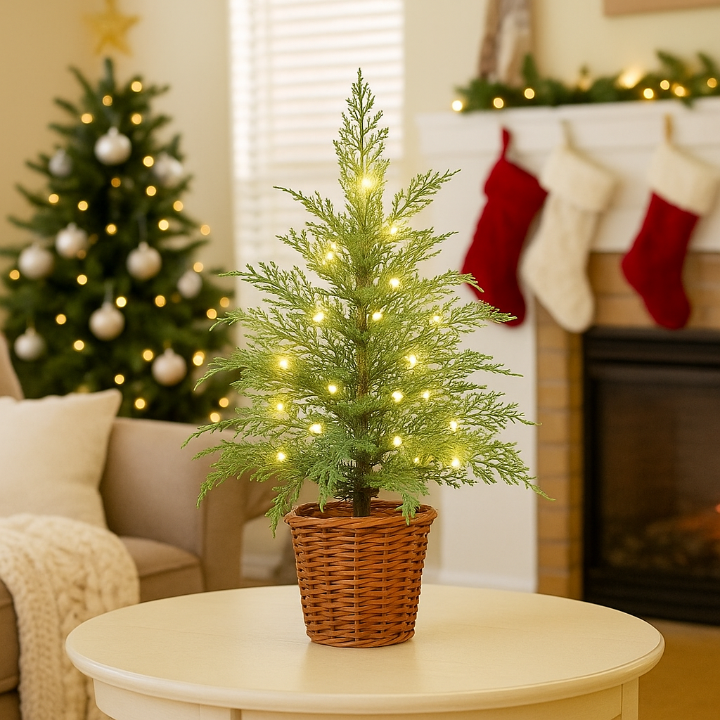 🎄Early Christmas Sale🔥24''  Pre-Lit Green Cypress Artificial Christmas Tree With Woven Basket