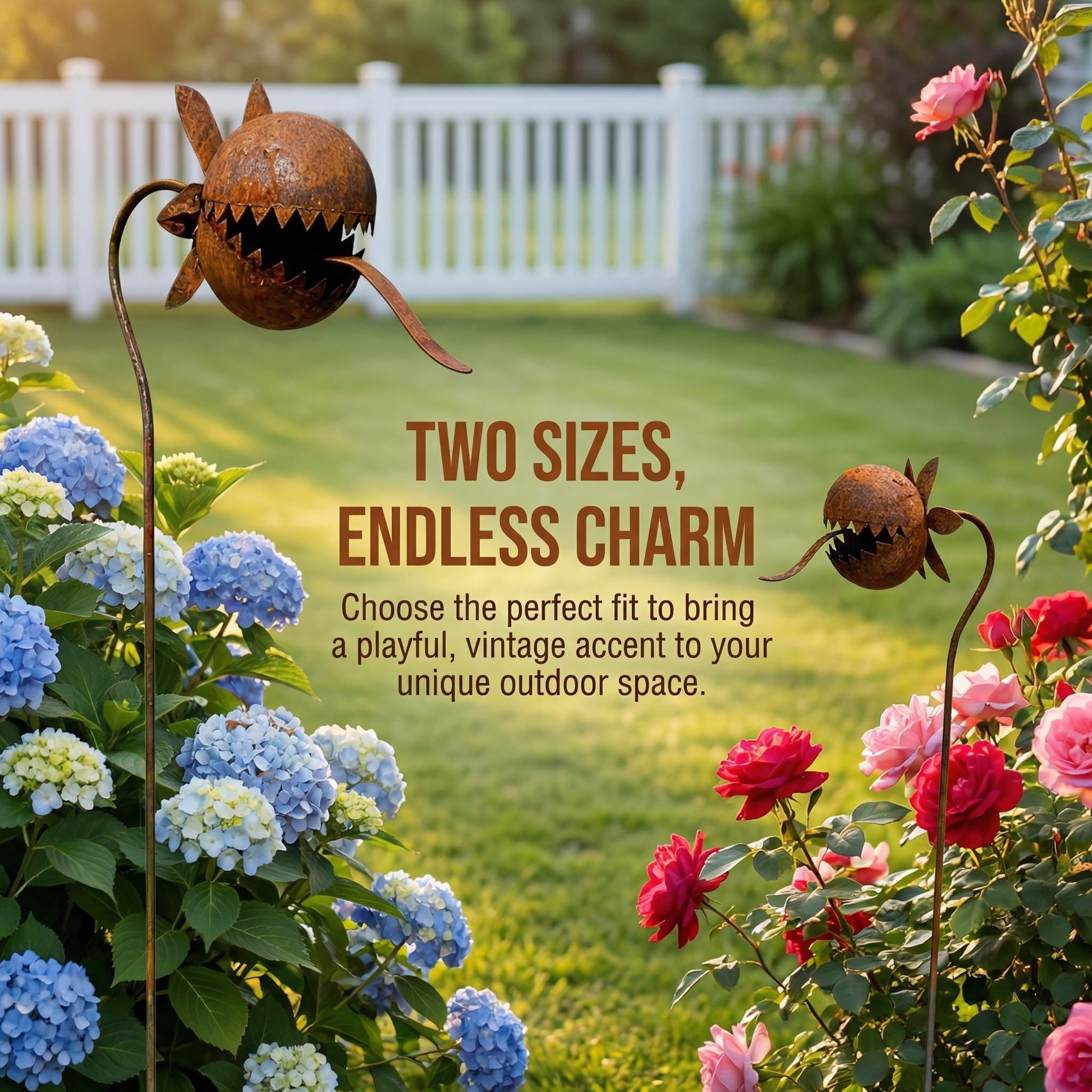 Vintage Rust-Finish Whimsical Carnivorous Plant Shaped Metal Garden Stakes