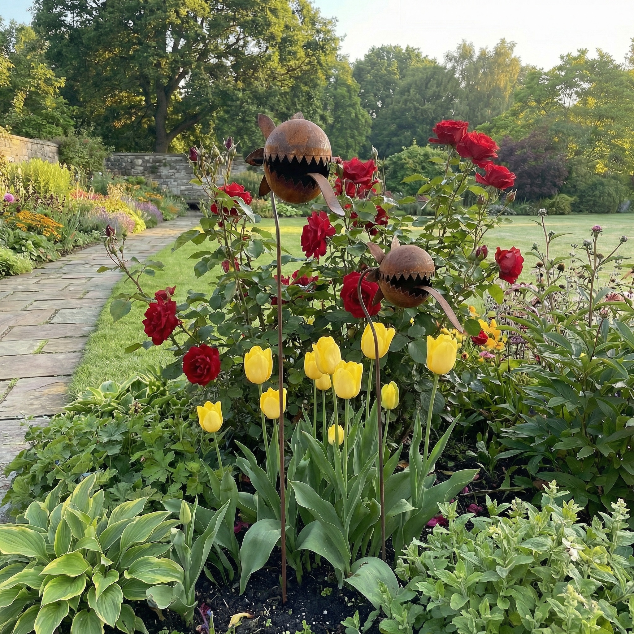 Vintage Rust-Finish Whimsical Carnivorous Plant Shaped Metal Garden Stakes