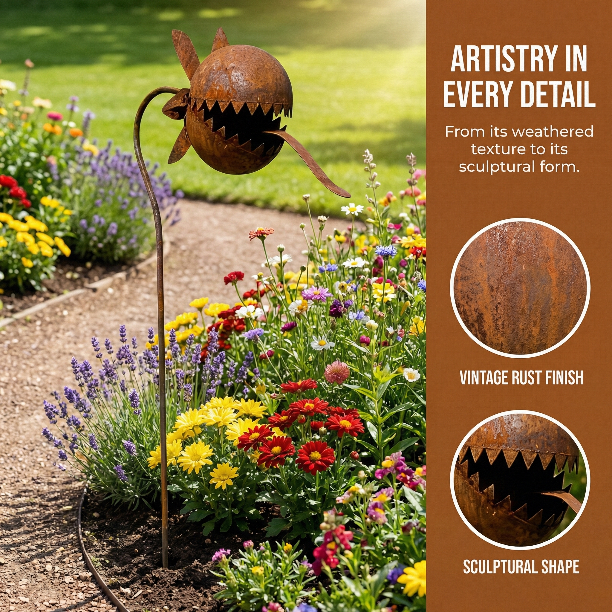 Vintage Rust-Finish Whimsical Carnivorous Plant Shaped Metal Garden Stakes