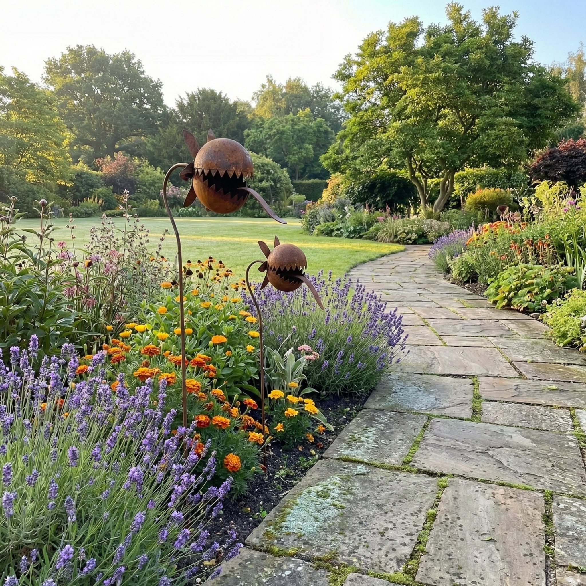 Vintage Rust-Finish Whimsical Carnivorous Plant Shaped Metal Garden Stakes