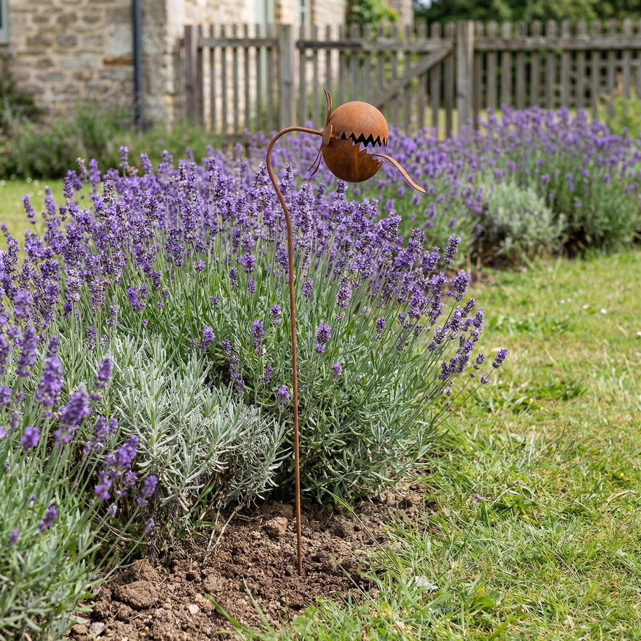 Vintage Rust-Finish Whimsical Carnivorous Plant Shaped Metal Garden Stakes