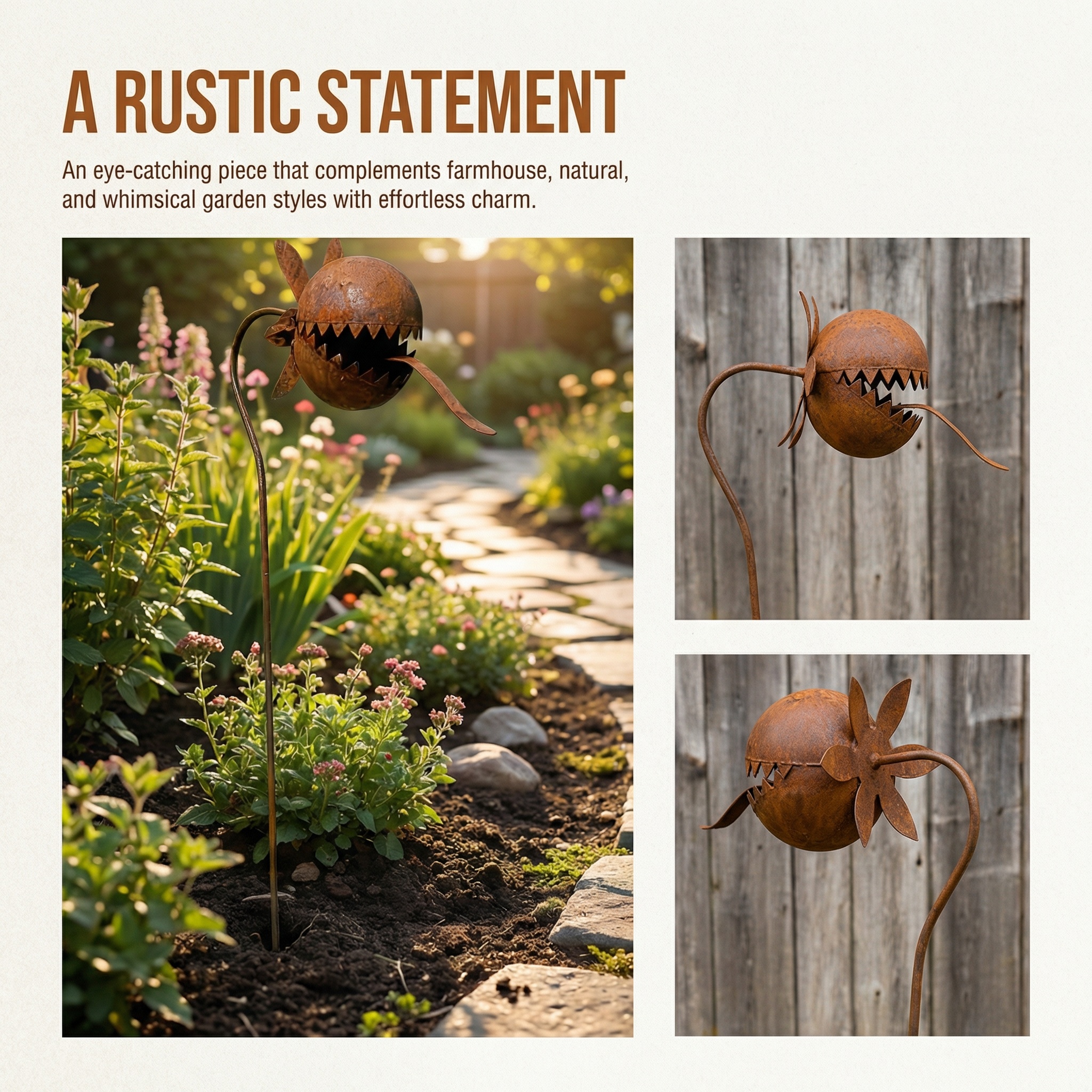 Vintage Rust-Finish Whimsical Carnivorous Plant Shaped Metal Garden Stakes