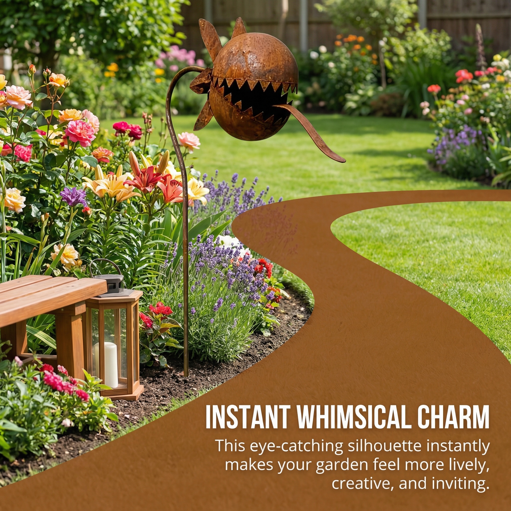 Vintage Rust-Finish Whimsical Carnivorous Plant Shaped Metal Garden Stakes