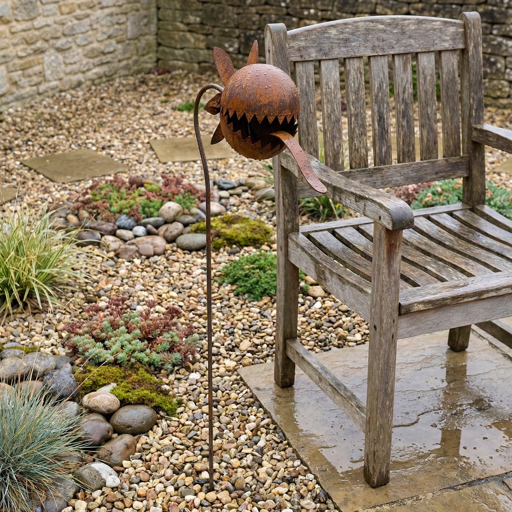 Vintage Rust-Finish Whimsical Carnivorous Plant Shaped Metal Garden Stakes