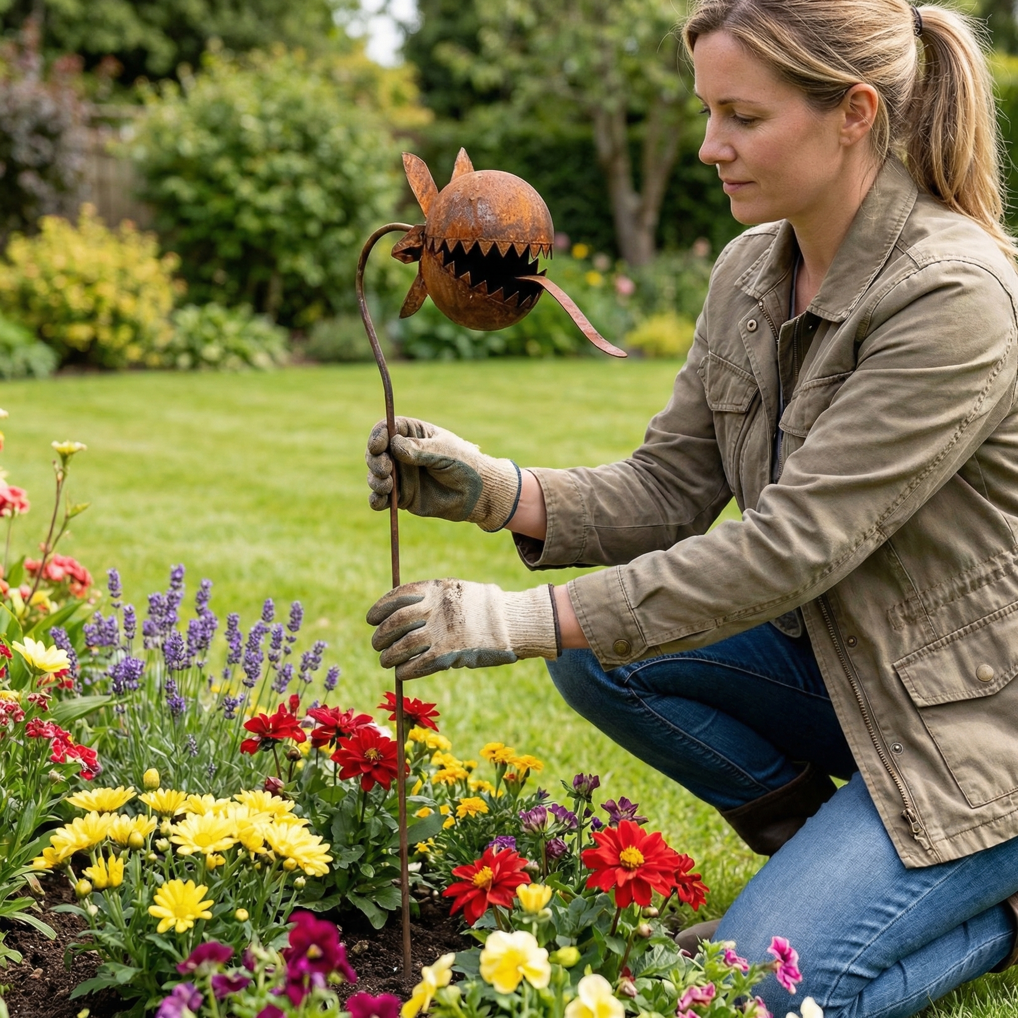 Vintage Rust-Finish Whimsical Carnivorous Plant Shaped Metal Garden Stakes