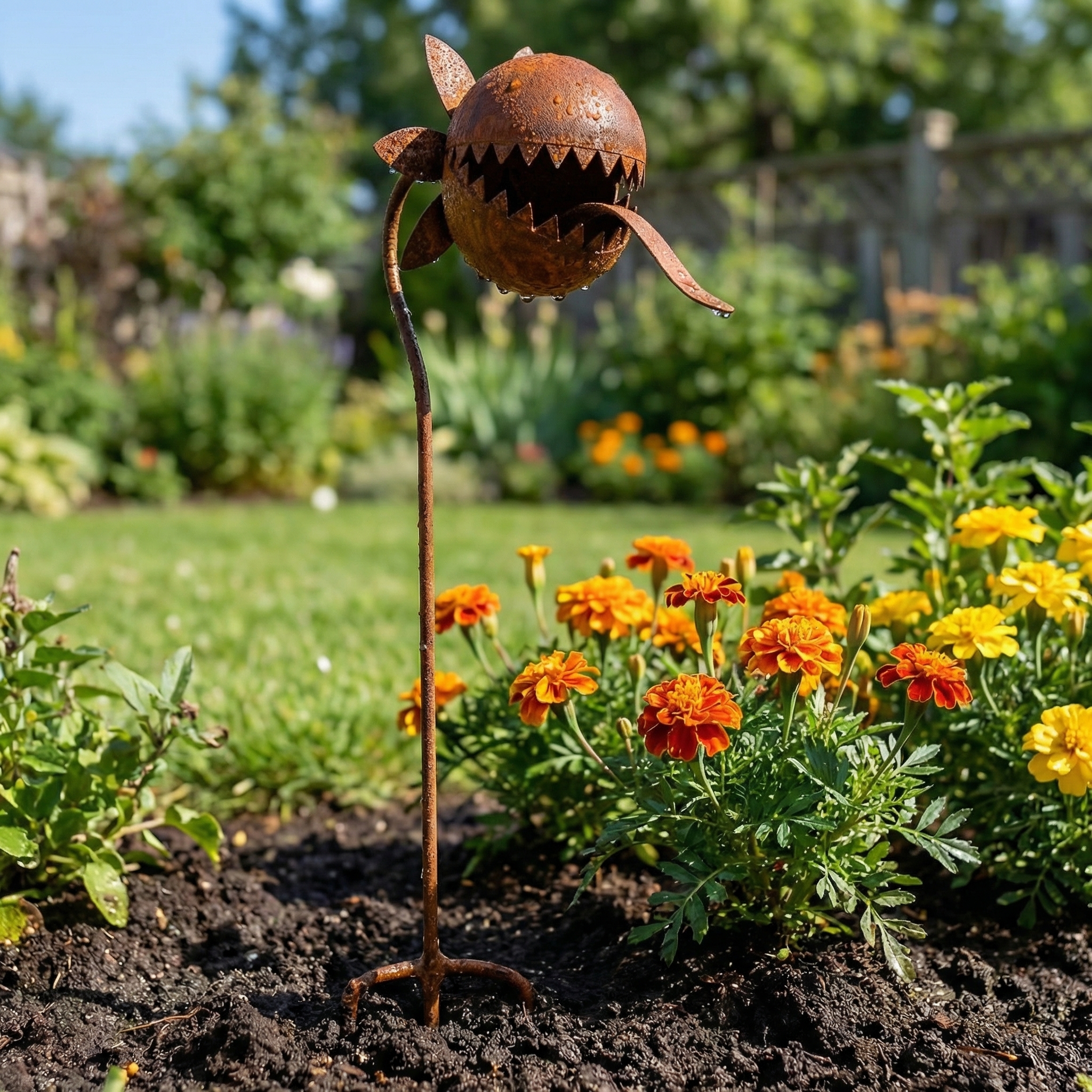 Vintage Rust-Finish Whimsical Carnivorous Plant Shaped Metal Garden Stakes