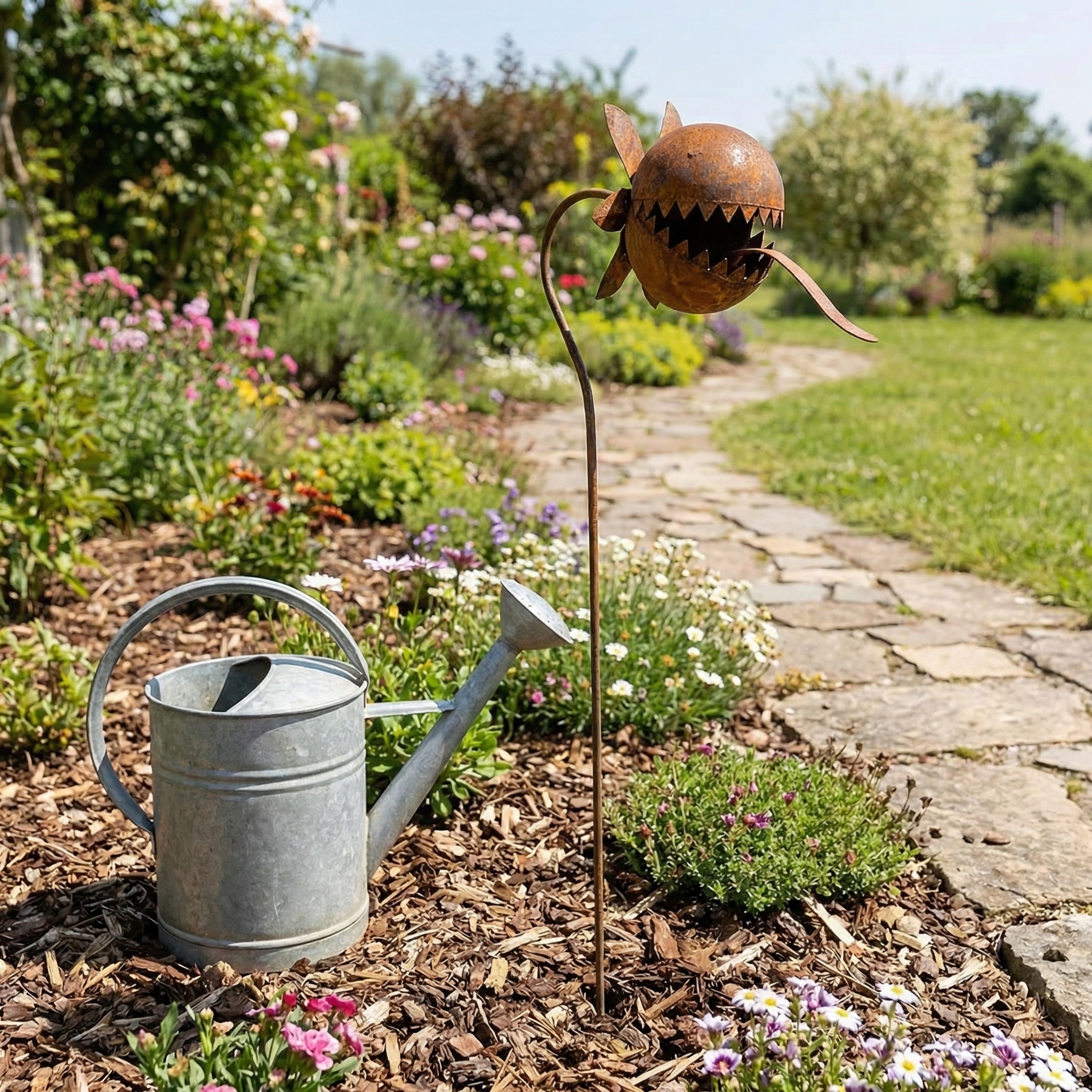 Vintage Rust-Finish Whimsical Carnivorous Plant Shaped Metal Garden Stakes