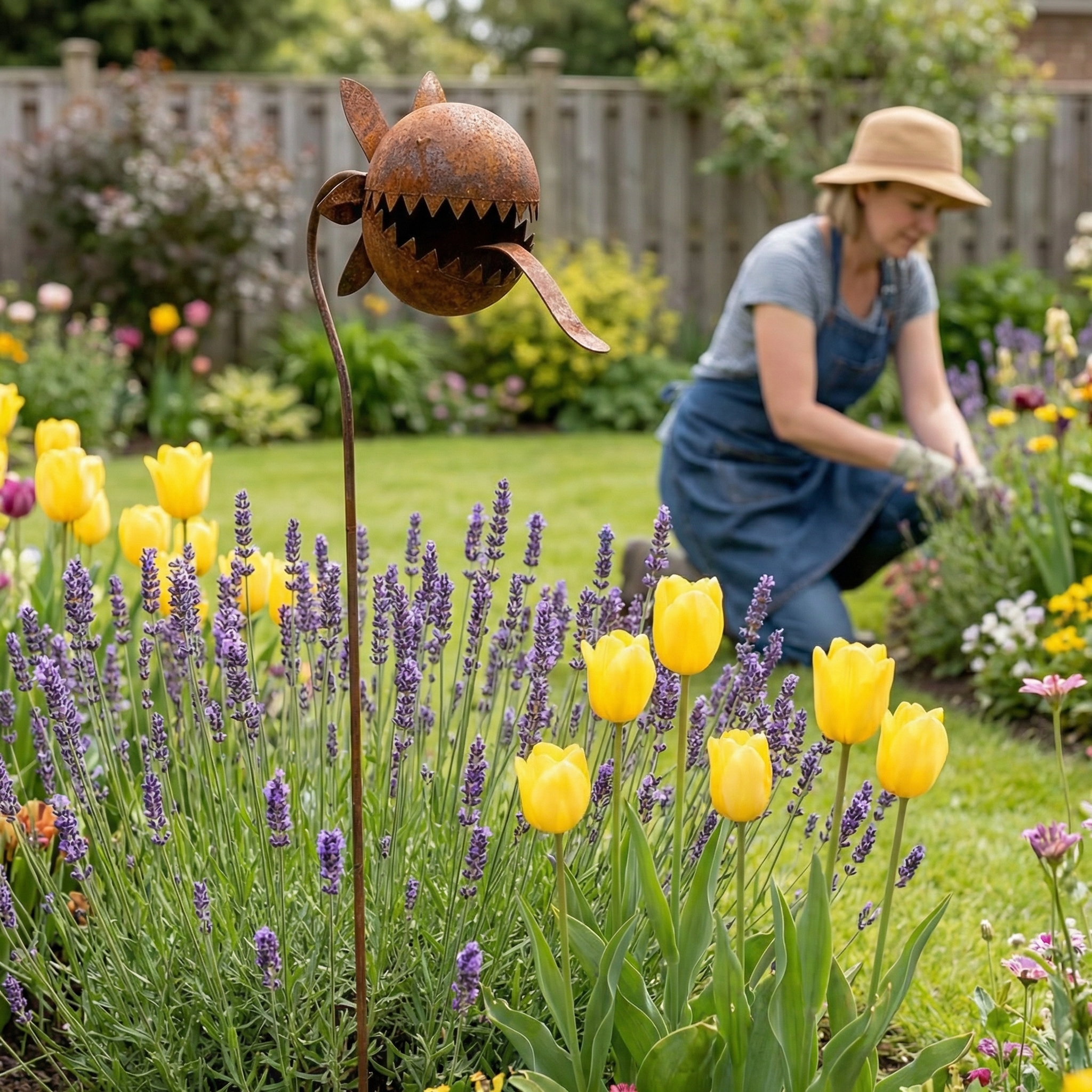 Vintage Rust-Finish Whimsical Carnivorous Plant Shaped Metal Garden Stakes