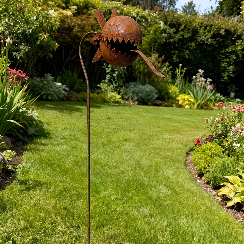Vintage Rust-Finish Whimsical Carnivorous Plant Shaped Metal Garden Stakes