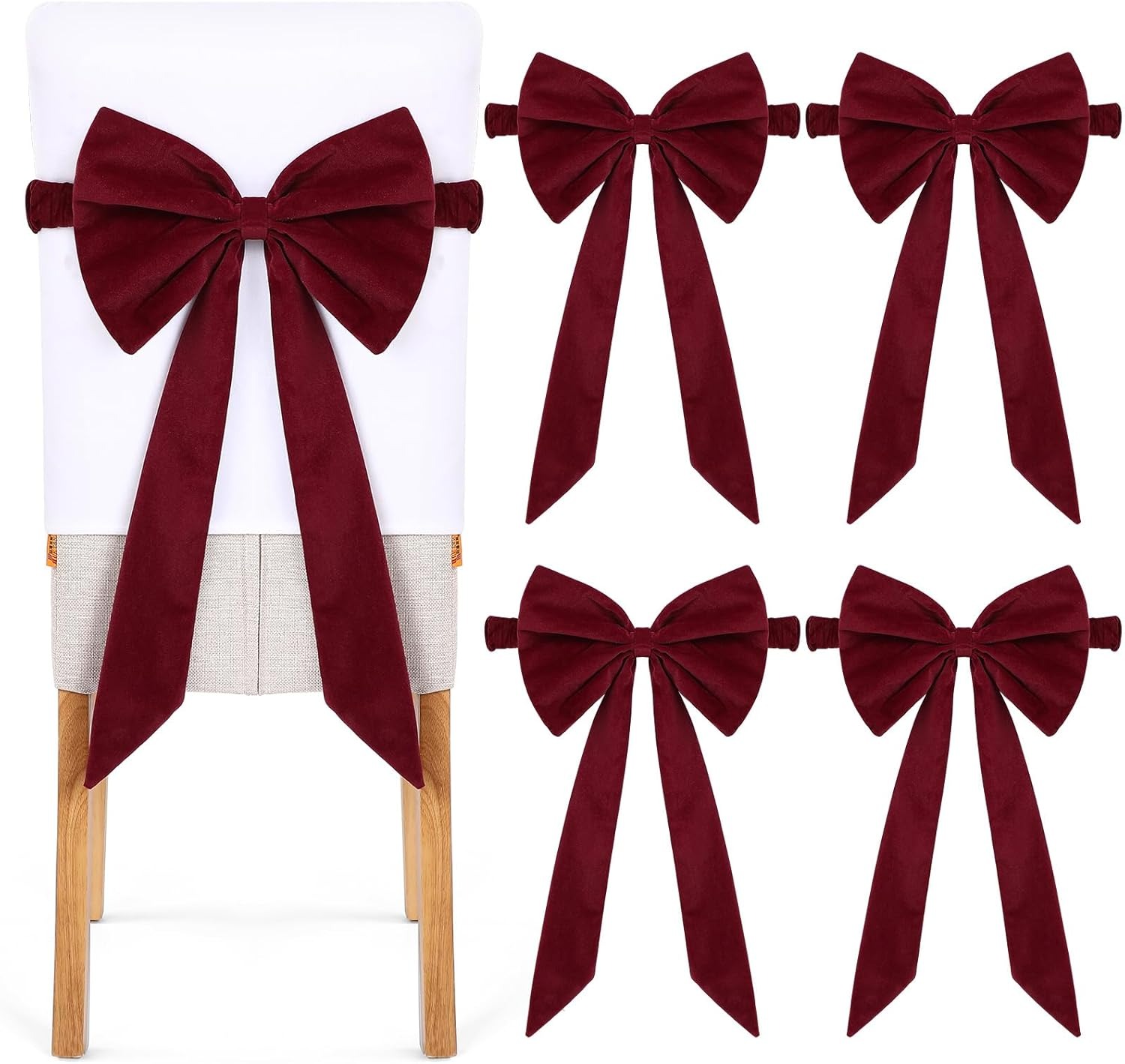 🎄2025 Christmas On Sale✨Set of 4 Christmas Burgundy Velvet Chair Sashes