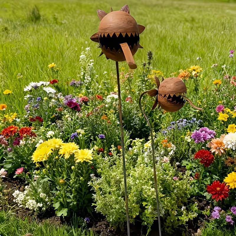 Vintage Rust-Finish Whimsical Carnivorous Plant Shaped Metal Garden Stakes