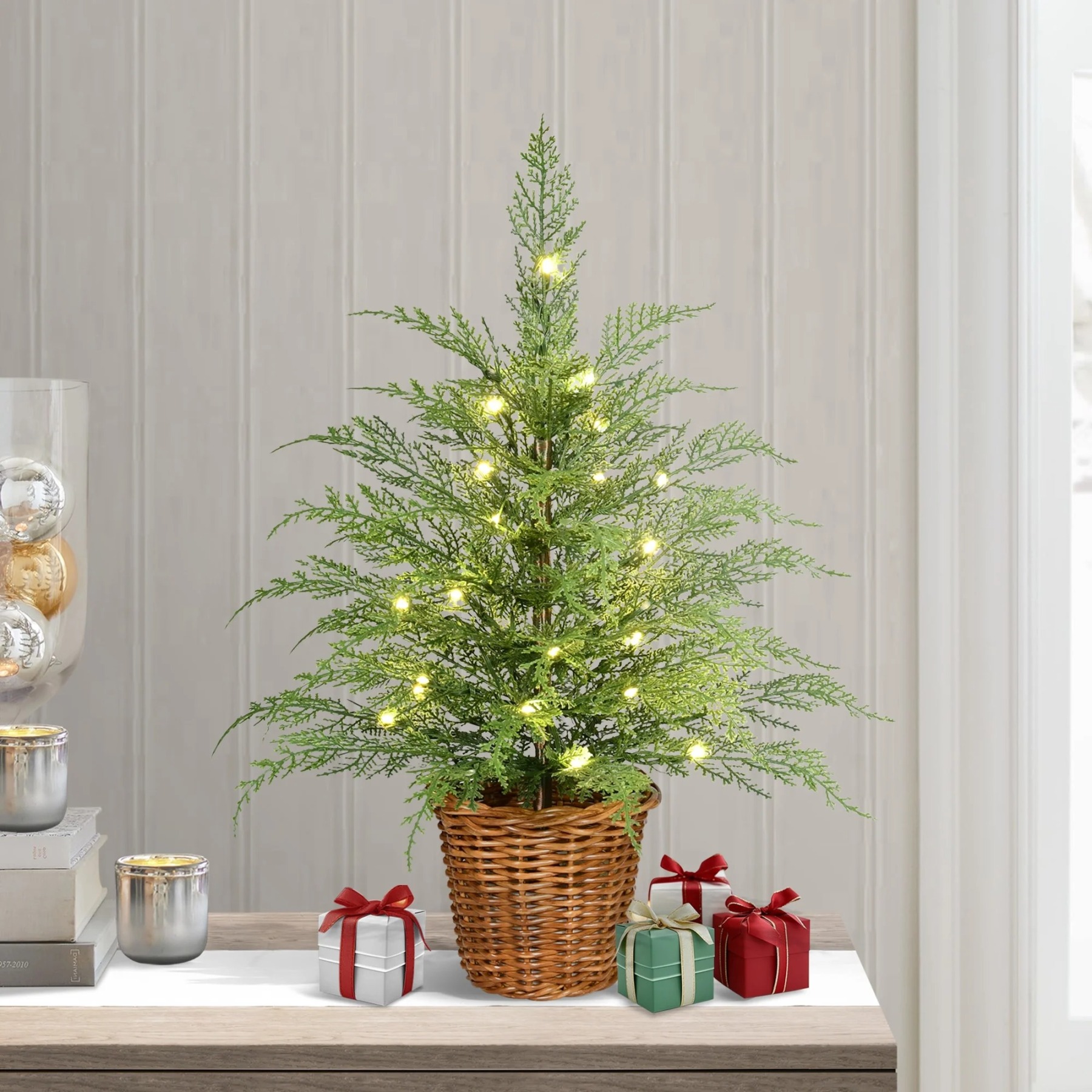 🎄Early Christmas Sale🔥24''  Pre-Lit Green Cypress Artificial Christmas Tree With Woven Basket
