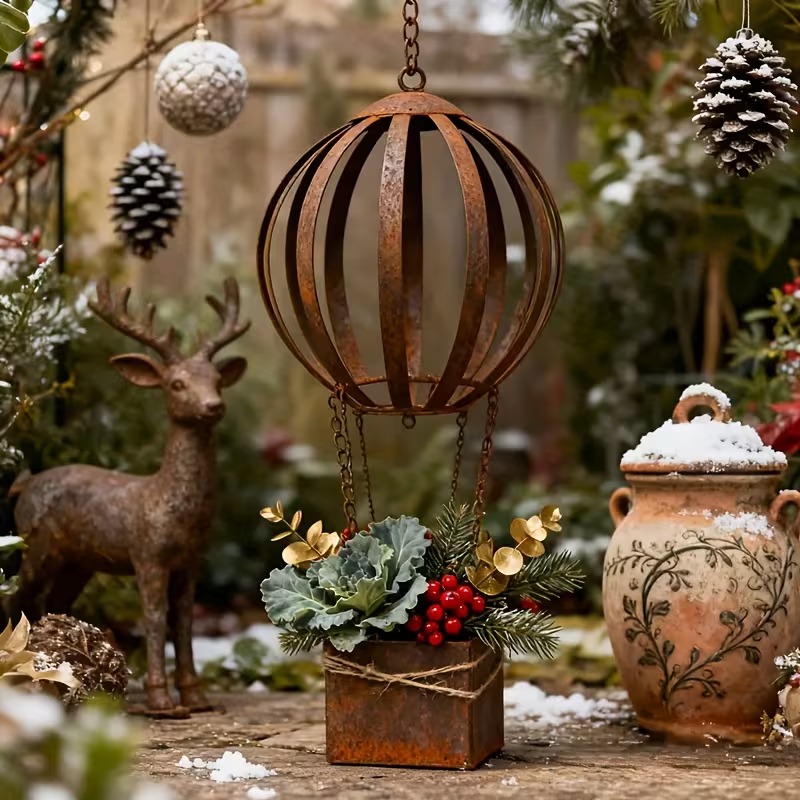 Rusty Metal Hot Air Balloon Hanging Basket 