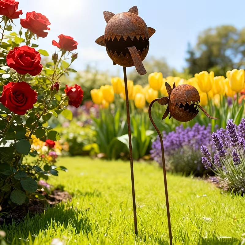 Vintage Rust-Finish Whimsical Carnivorous Plant Shaped Metal Garden Stakes