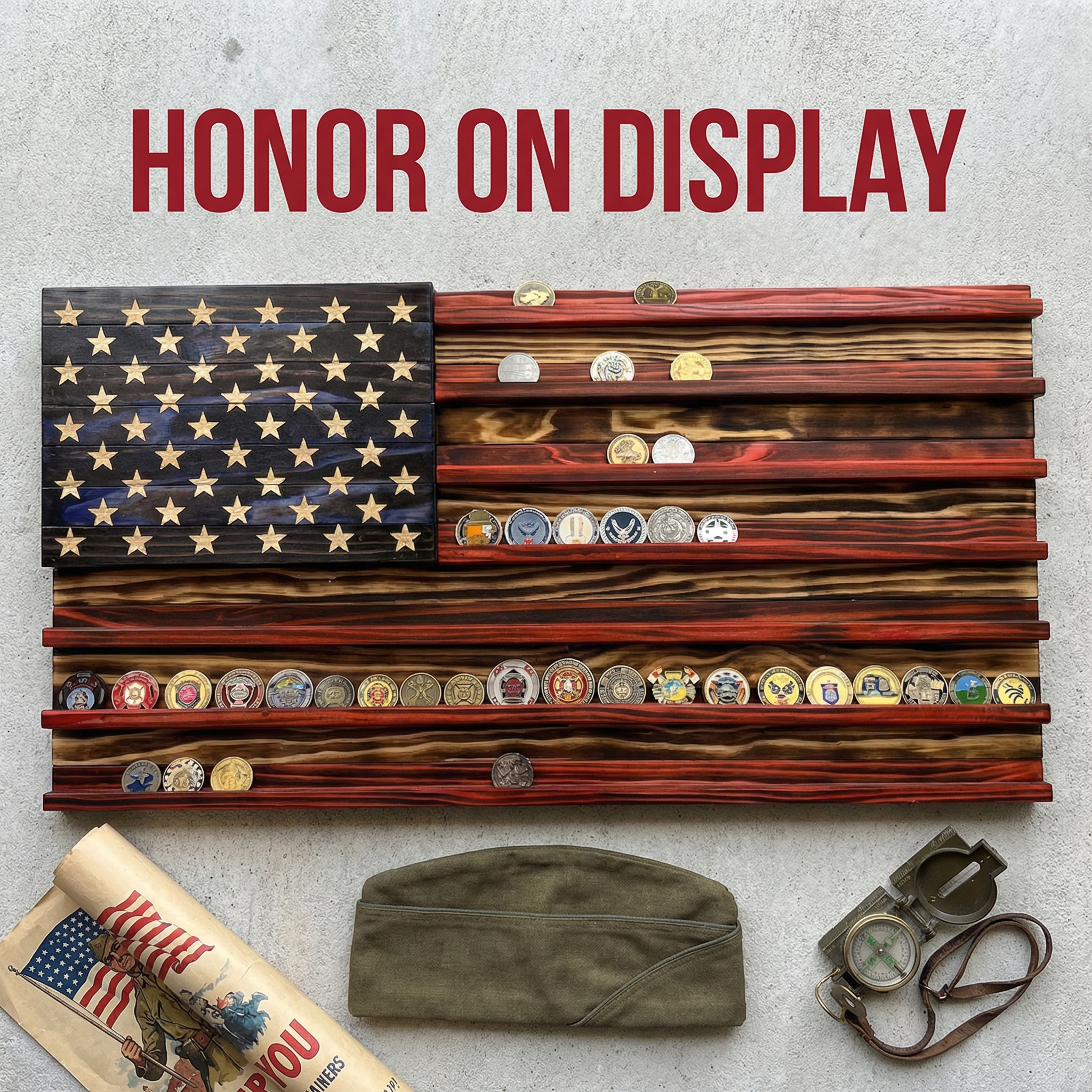 Challenge Coin Display Rack  Designed with an American Flag Motif