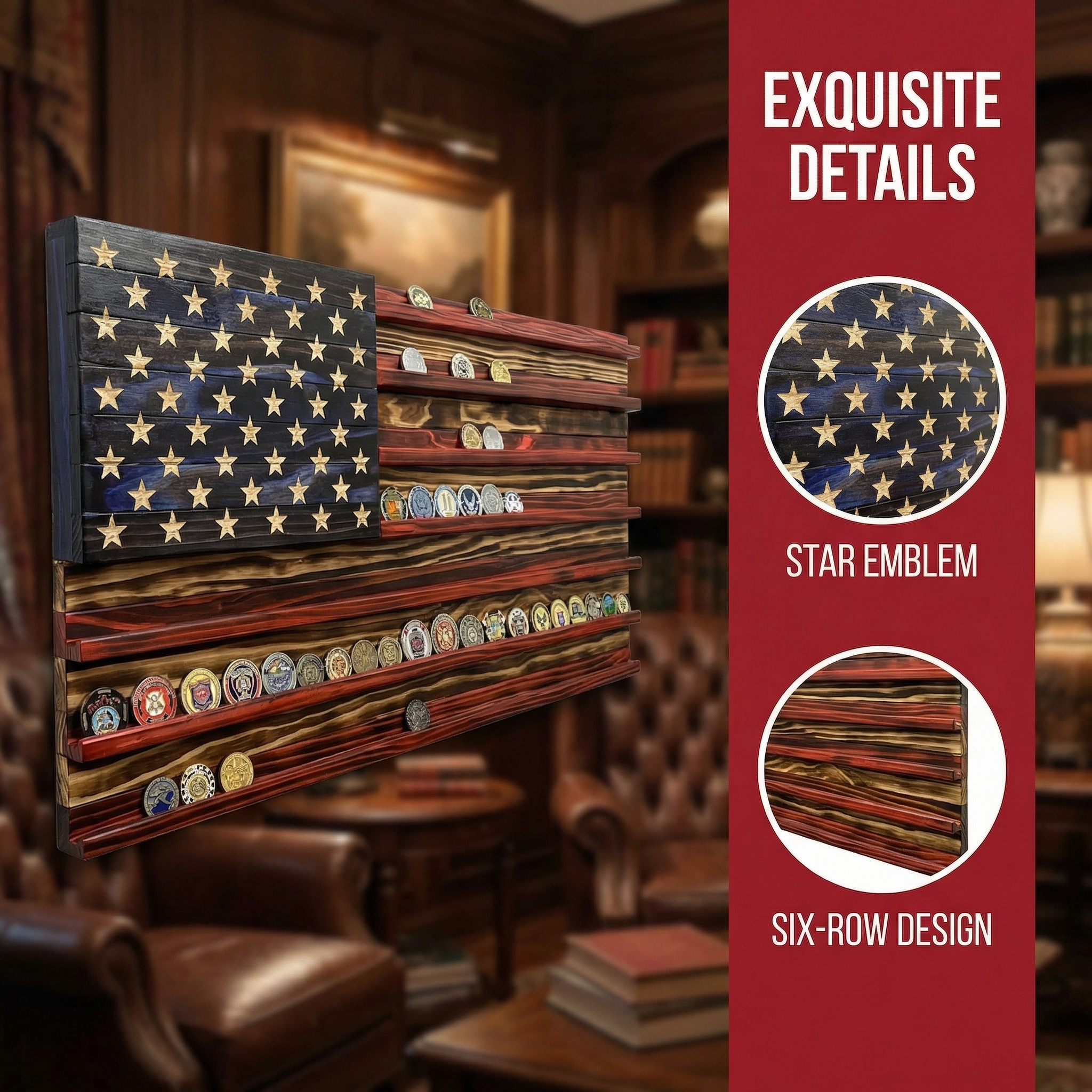 Challenge Coin Display Rack  Designed with an American Flag Motif
