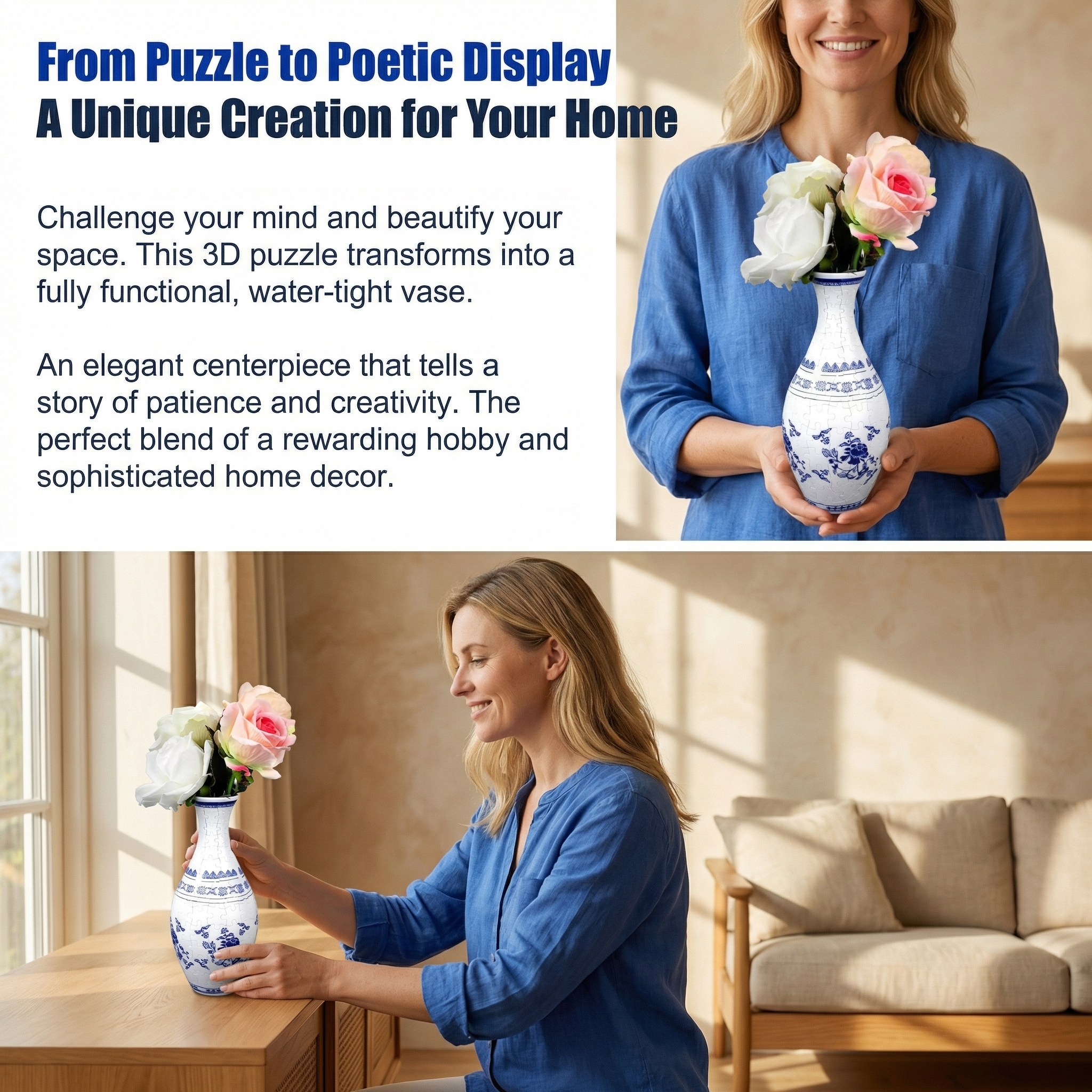 3D Blooming Flowers Puzzle Vase – DIY Decorative Waterproof Vase for Real Flowers