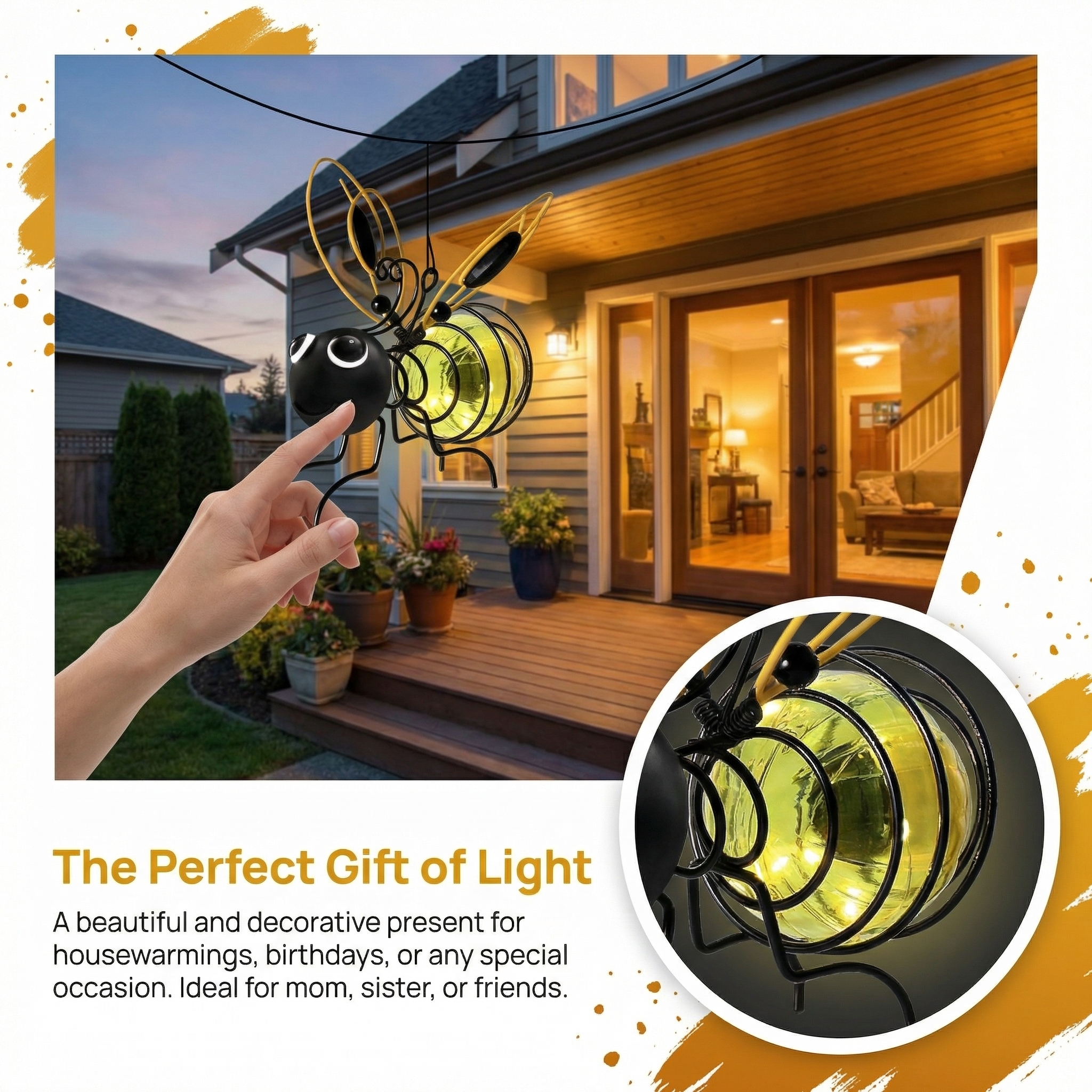 Hanging Bee Solar Light Decor for Outside