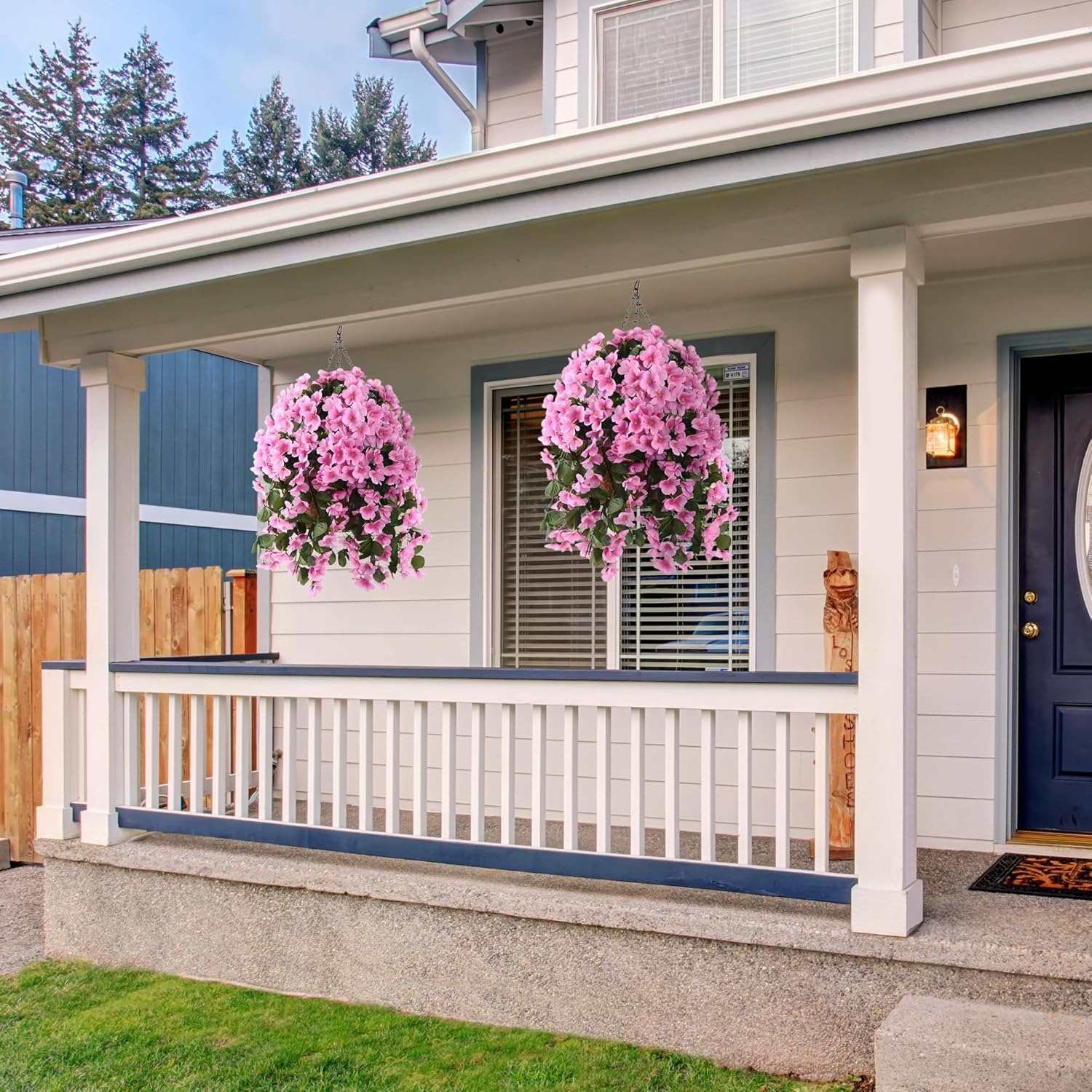 Artificial Hanging Flower Basket with Coconut Liner – Faux Outdoor Hanging Flowers Planter for Porch, Patio, Balcony & Garden Spring Decoration