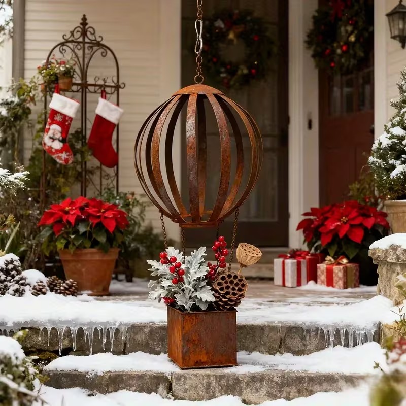 Rusty Metal Hot Air Balloon Hanging Basket 