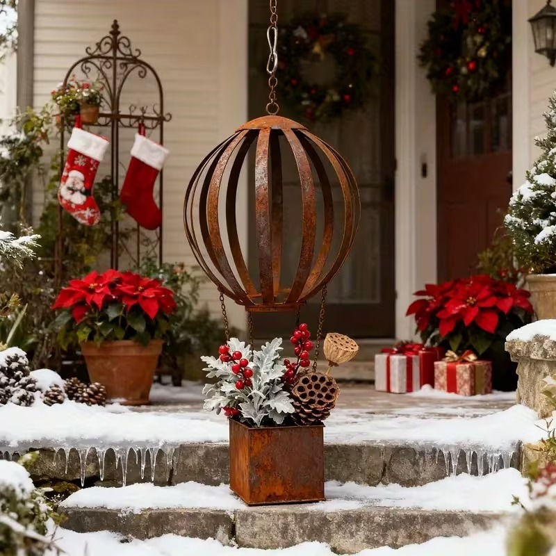 Rusty Metal Hot Air Balloon Hanging Basket 