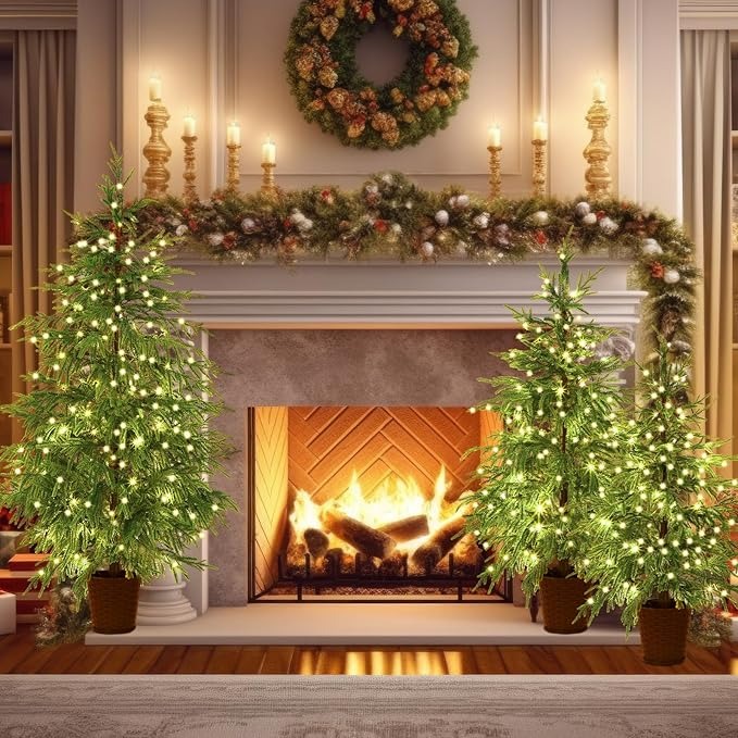 🎄Early Christmas Sale🔥Pre-lit Twinkle Christmas Realistic Artificial Trees with Woven Basket Base