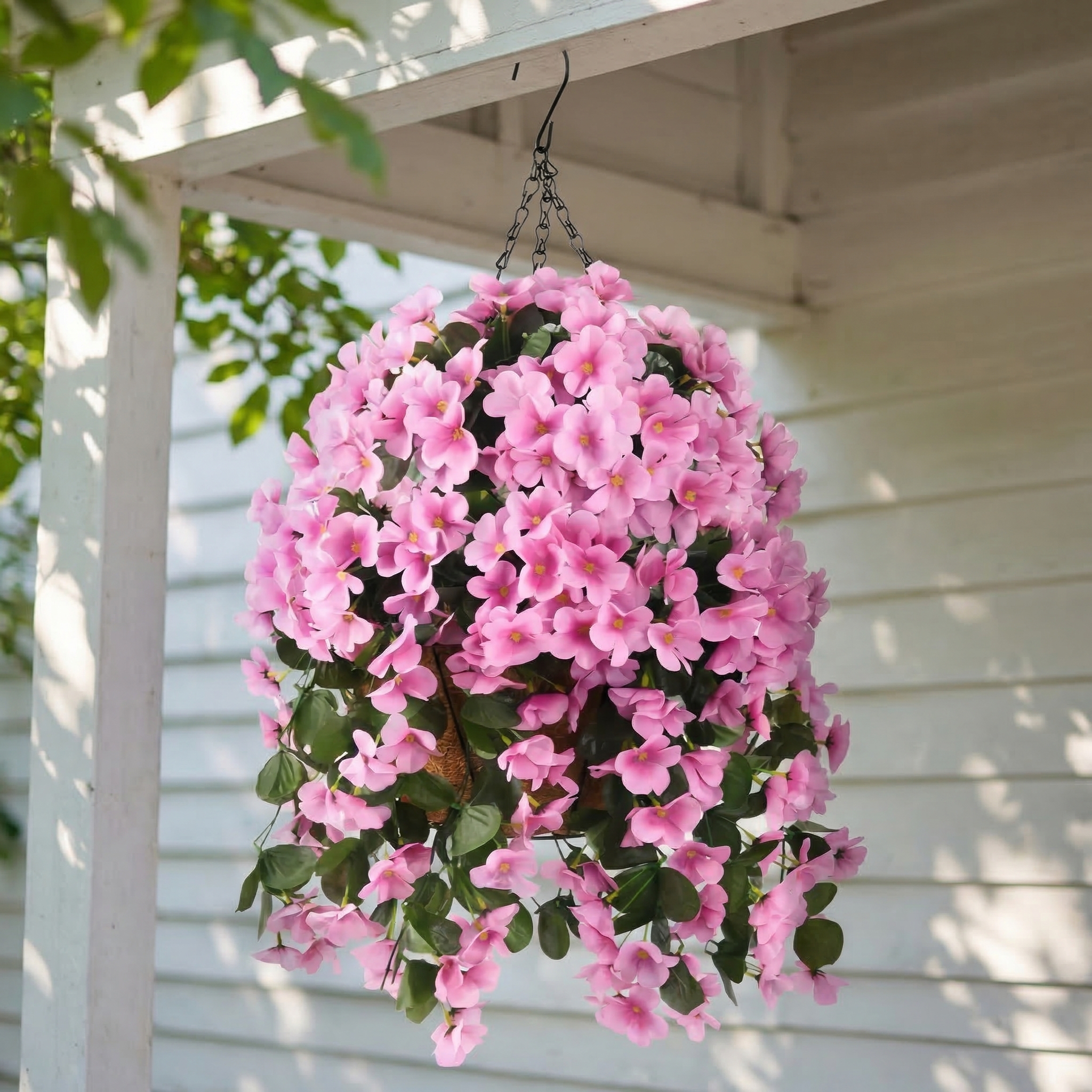 Artificial Hanging Flower Basket with Coconut Liner – Faux Outdoor Hanging Flowers Planter for Porch, Patio, Balcony & Garden Spring Decoration