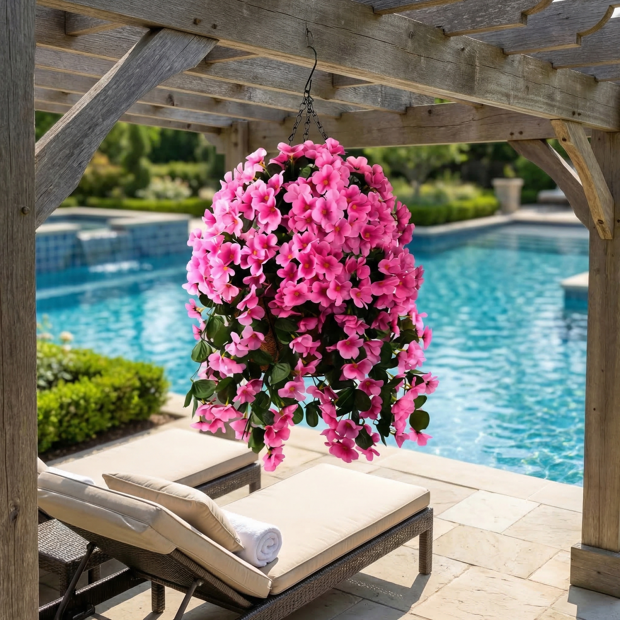 Artificial Hanging Flower Basket with Coconut Liner – Faux Outdoor Hanging Flowers Planter for Porch, Patio, Balcony & Garden Spring Decoration