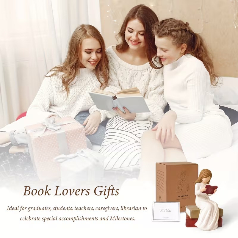 Book Lover Gifts Reading Sculpture,Hand-Painted Resin Figurines Ornaments ,Bookshelf Decor for Home Office Desk