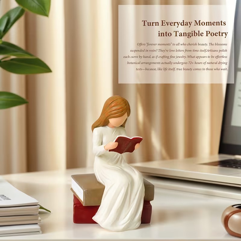 Book Lover Gifts Reading Sculpture,Hand-Painted Resin Figurines Ornaments ,Bookshelf Decor for Home Office Desk