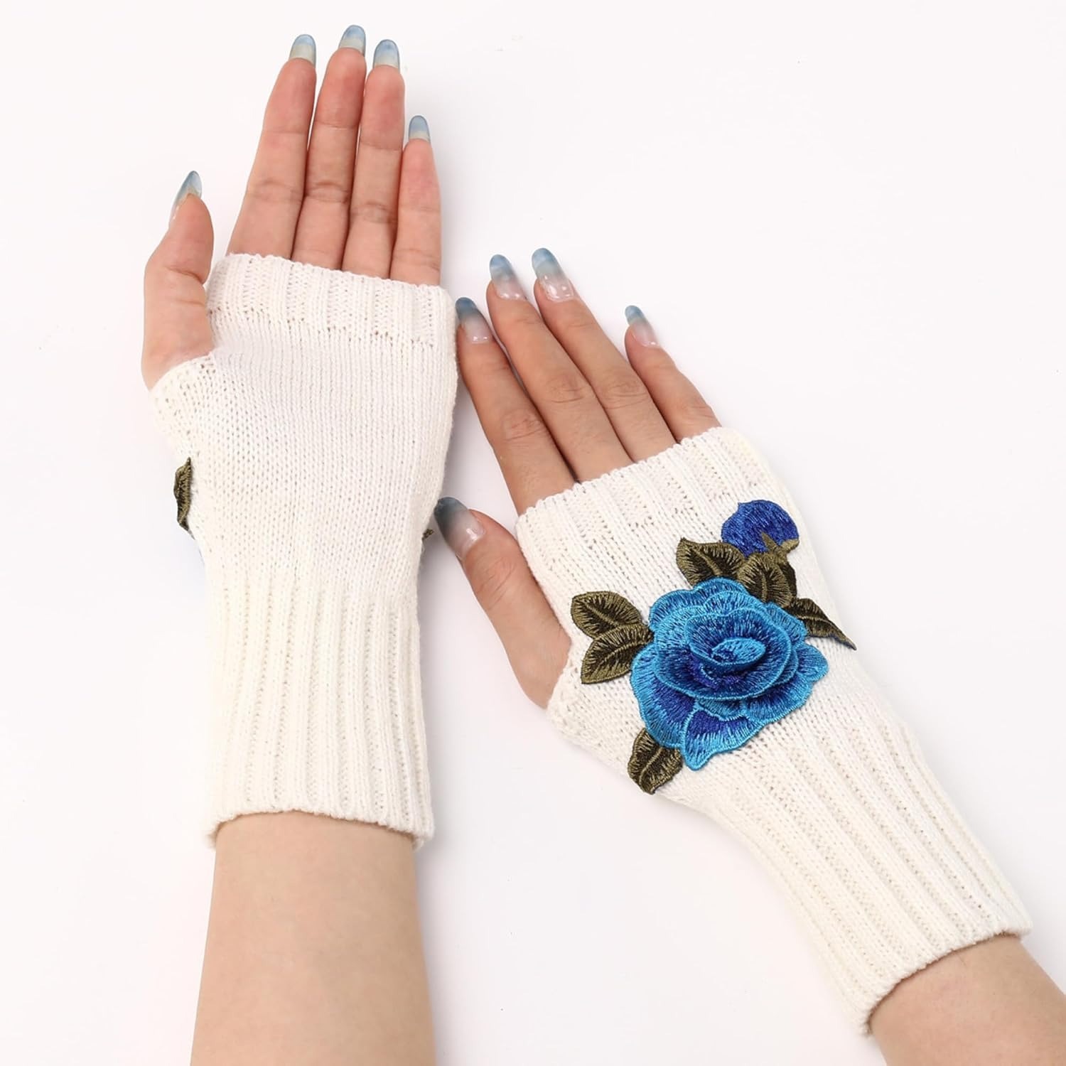 Women Rose Flower embroidery Winter Fingerless Gloves