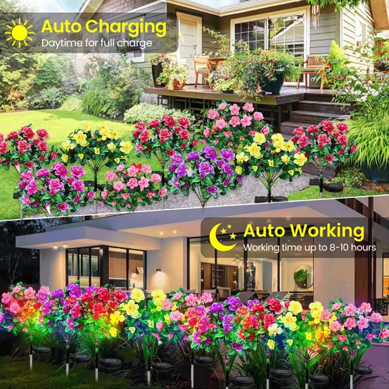 Solar Azalea Flower Garden Lights – Outdoor Waterproof LED Stake Lights, Lifelike Blooming Flowers