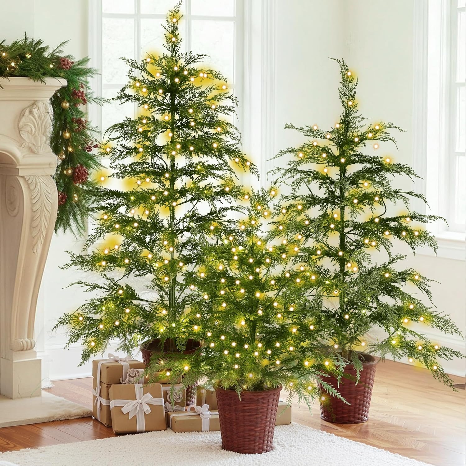 🎄Early Christmas Sale🔥Pre-lit Twinkle Christmas Realistic Artificial Trees with Woven Basket Base