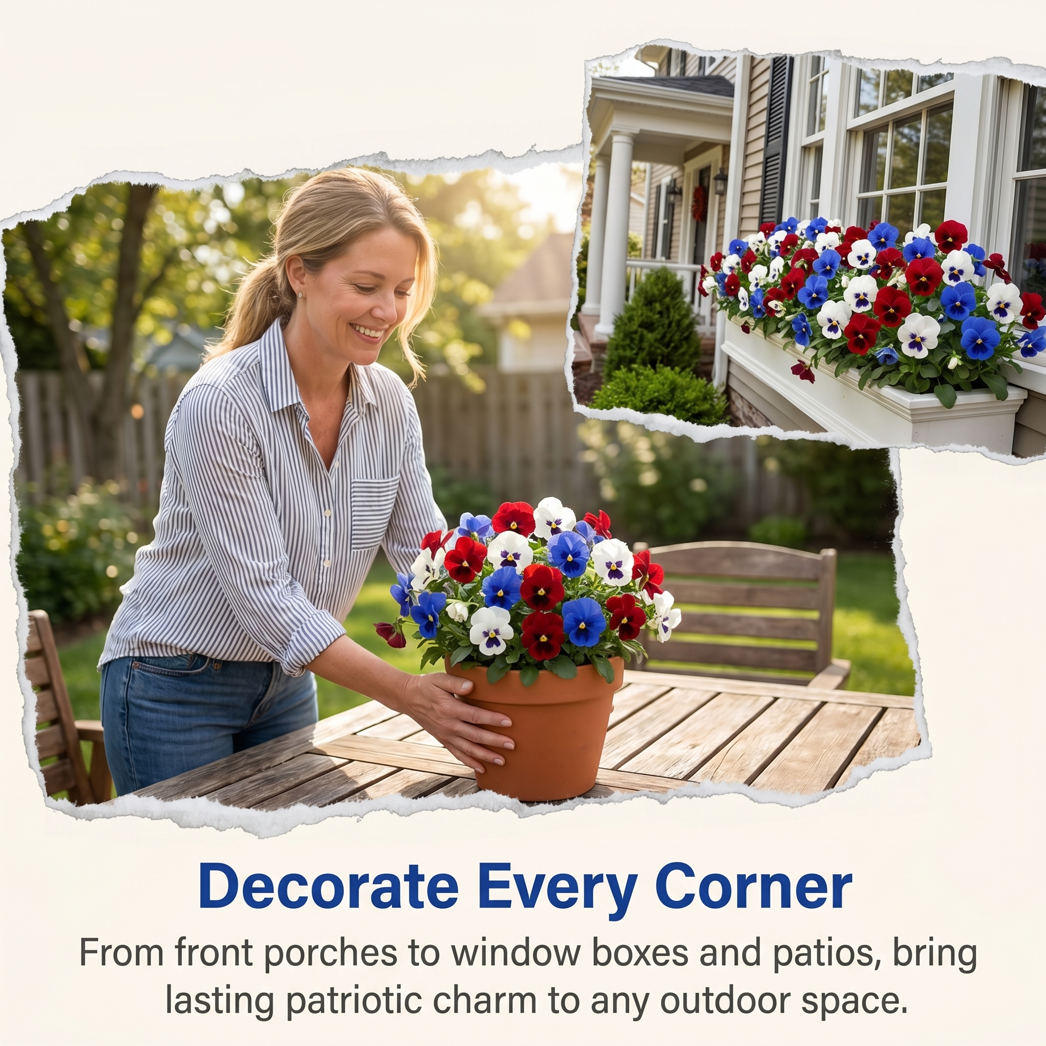 Artificial Patriotic Pansy Flowers for Planters, Red White Blue Faux Flowers for Porch, Garden & Window Box