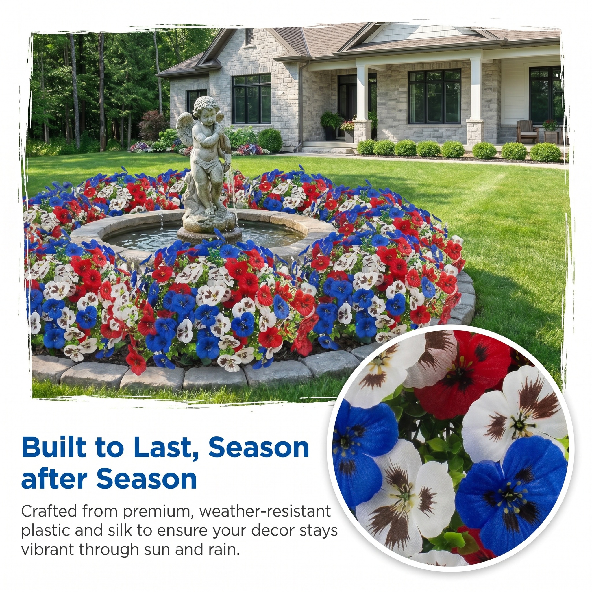Artificial Patriotic Pansy Flowers for Planters, Red White Blue Faux Flowers for Porch, Garden & Window Box