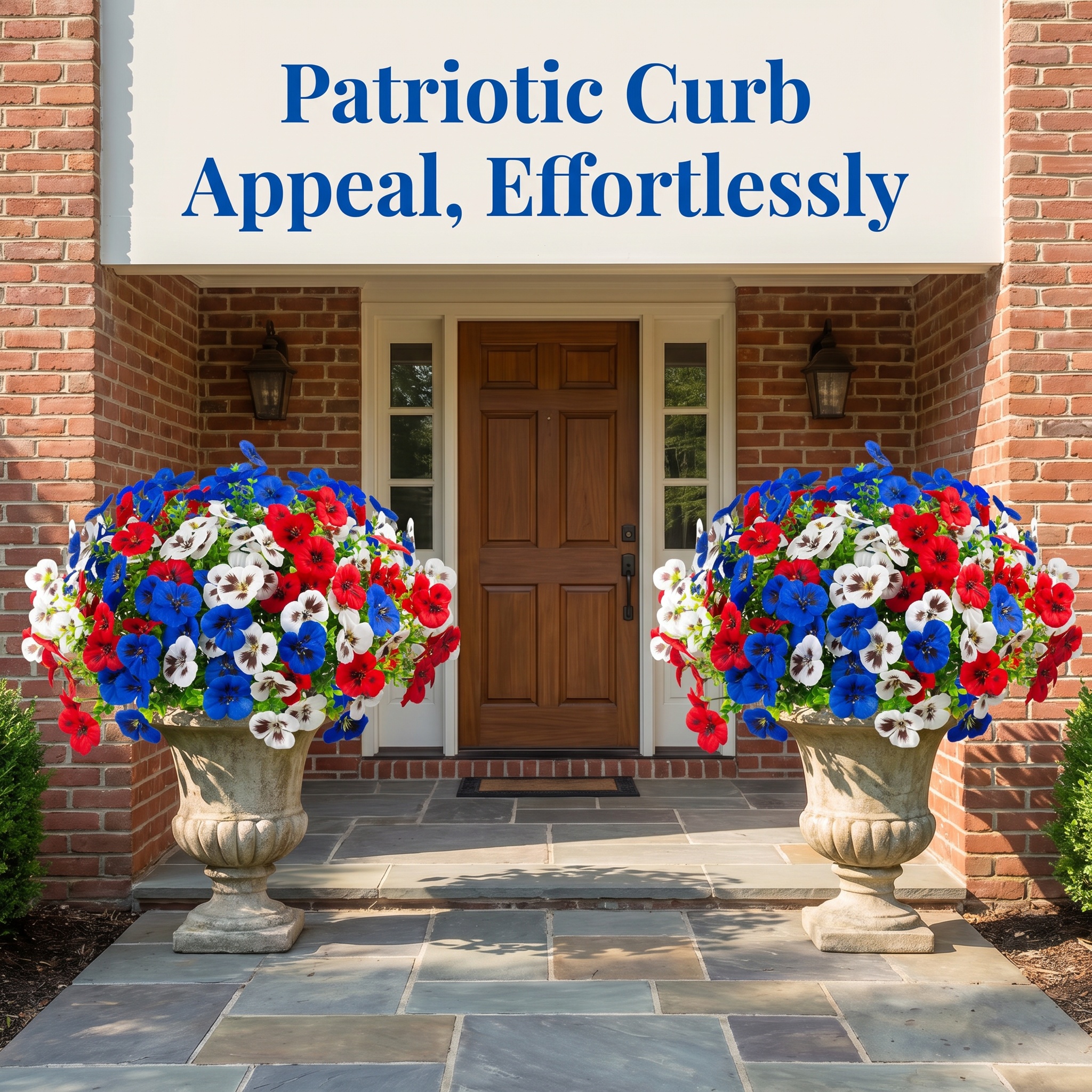 Artificial Patriotic Pansy Flowers for Planters, Red White Blue Faux Flowers for Porch, Garden & Window Box