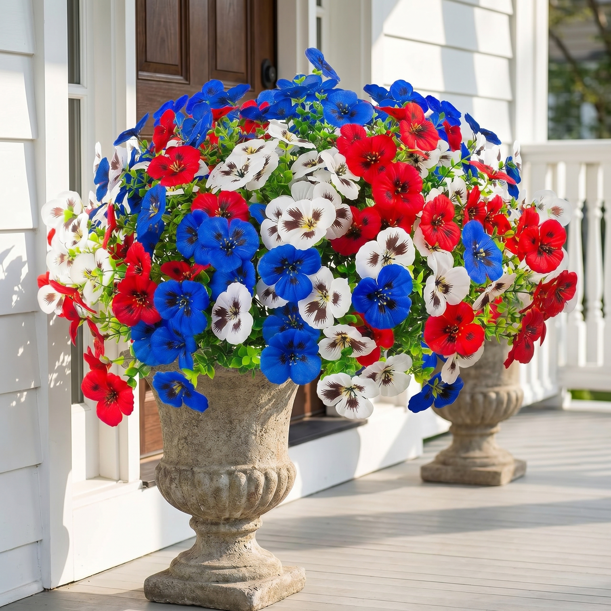 Artificial Patriotic Pansy Flowers for Planters, Red White Blue Faux Flowers for Porch, Garden & Window Box